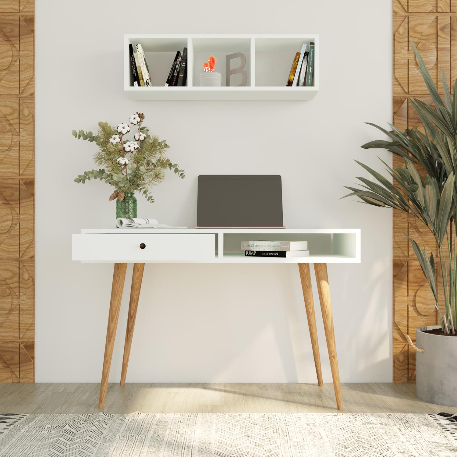 Bimossa V5110 Janus Raflı Çalışma Masası Çekmeceli Beyaz