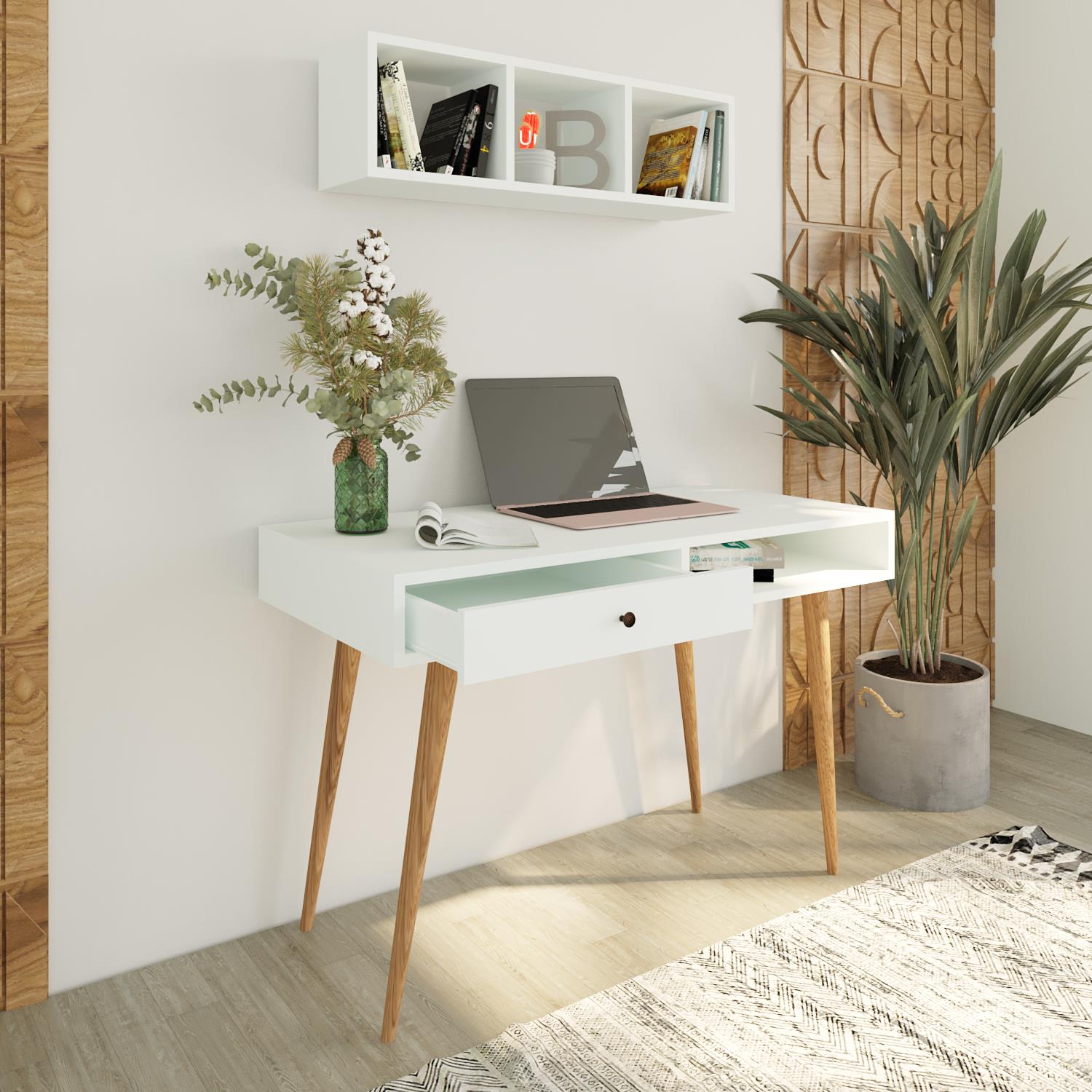 Bimossa V5110 Janus Raflı Çalışma Masası Çekmeceli Beyaz