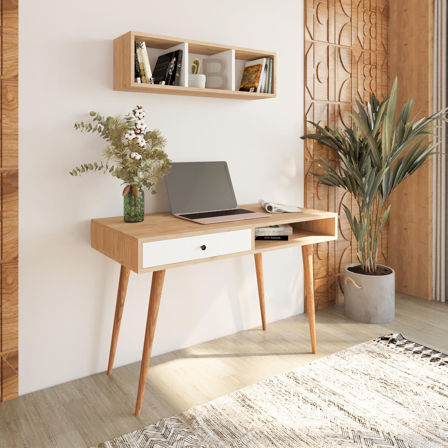 Bimossa V5120 Janus Raflı Çalışma Masası Çekmeceli Sepet-Beyaz