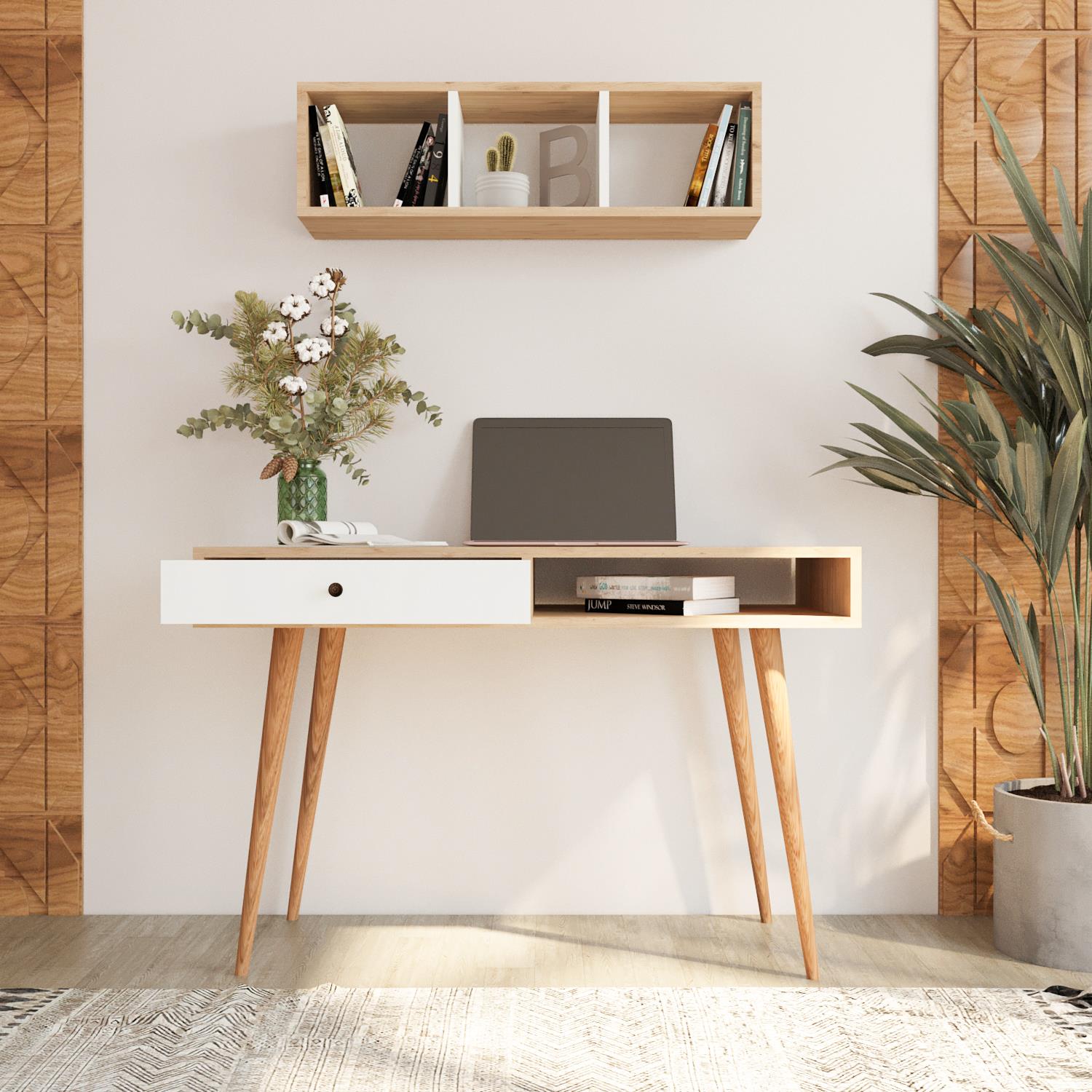 Bimossa V5120 Janus Raflı Çalışma Masası Çekmeceli Sepet-Beyaz