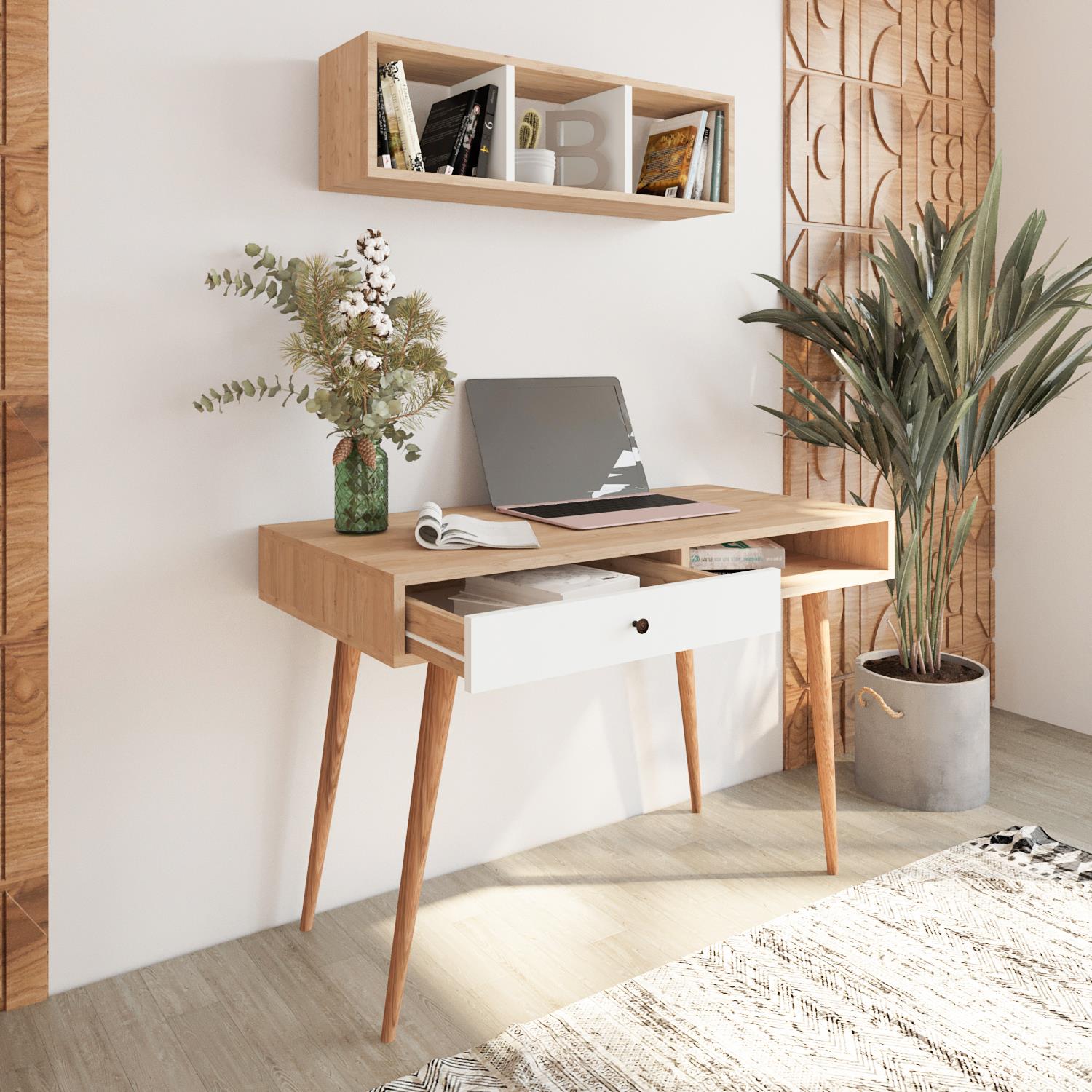 Bimossa V5120 Janus Raflı Çalışma Masası Çekmeceli Sepet-Beyaz