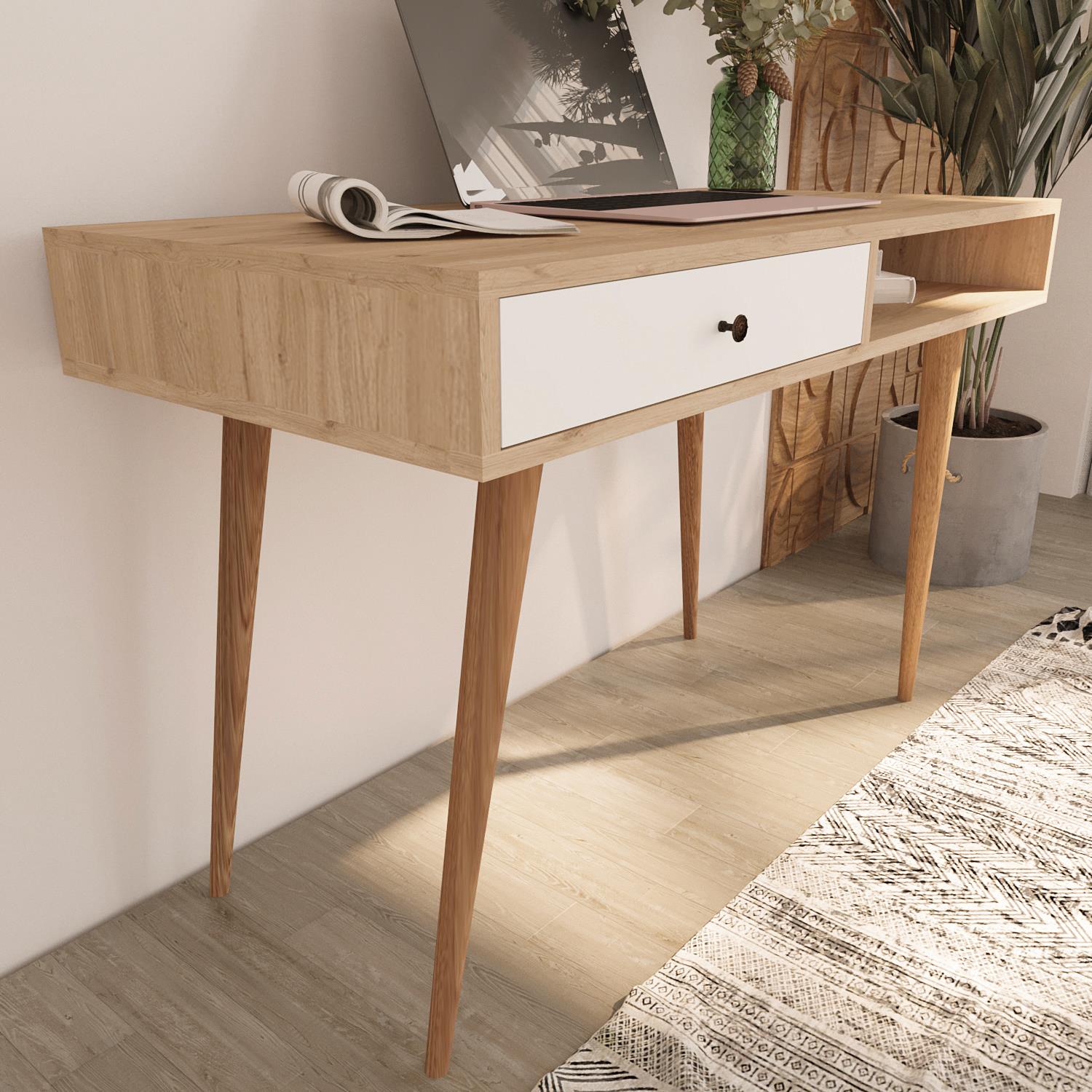 Bimossa V5120 Janus Raflı Çalışma Masası Çekmeceli Sepet-Beyaz