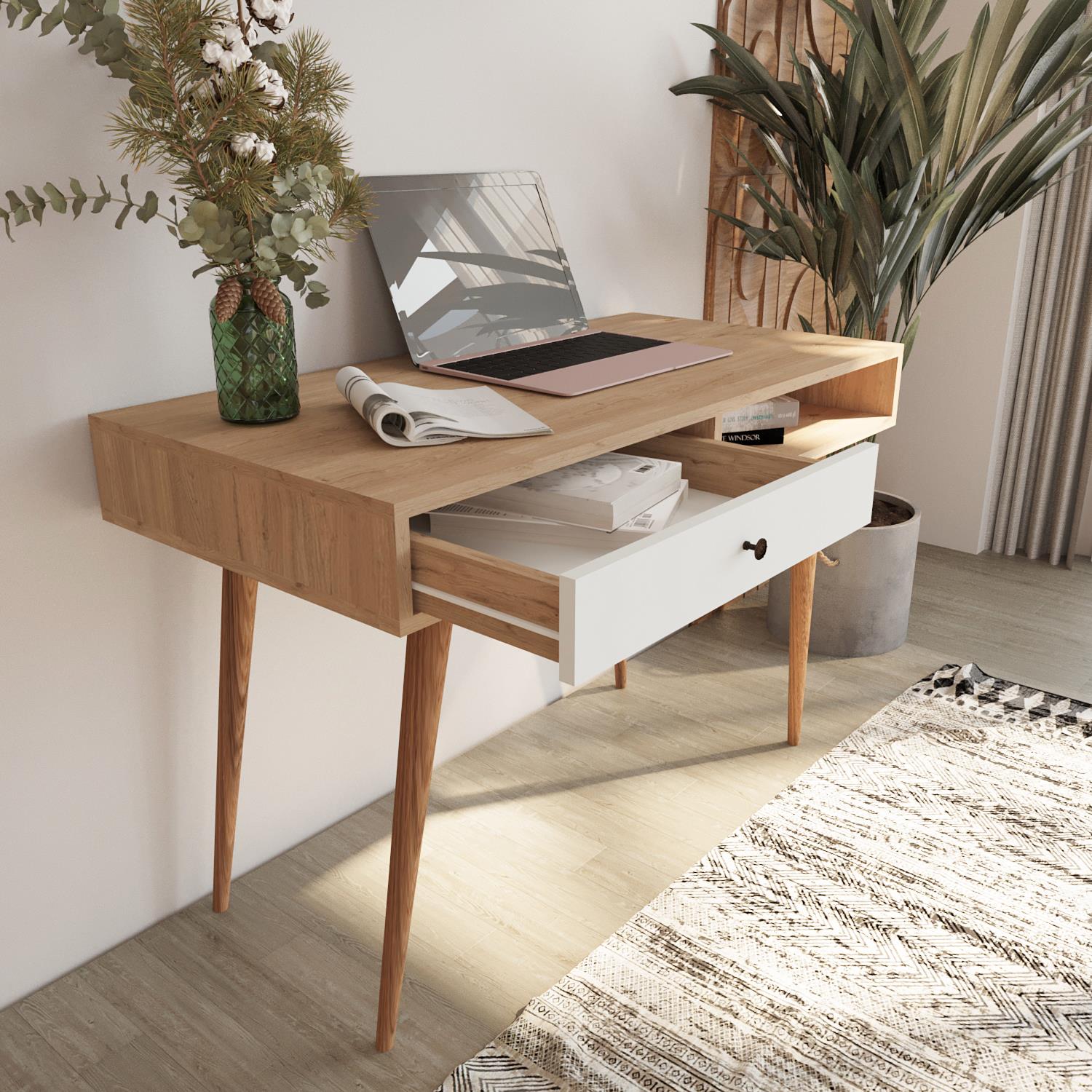 Bimossa V5120 Janus Raflı Çalışma Masası Çekmeceli Sepet-Beyaz