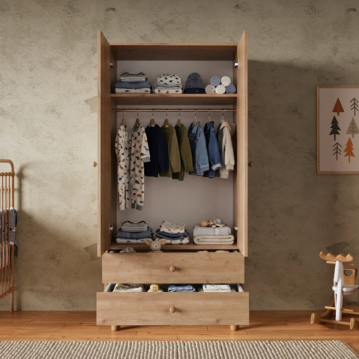 Bimossa TK20 Bunny 2 Kapaklı Gardırop ve 4 Çekmeceli Şifonyer, Yüksek Ayaklı Çocuk Odası Takımı
