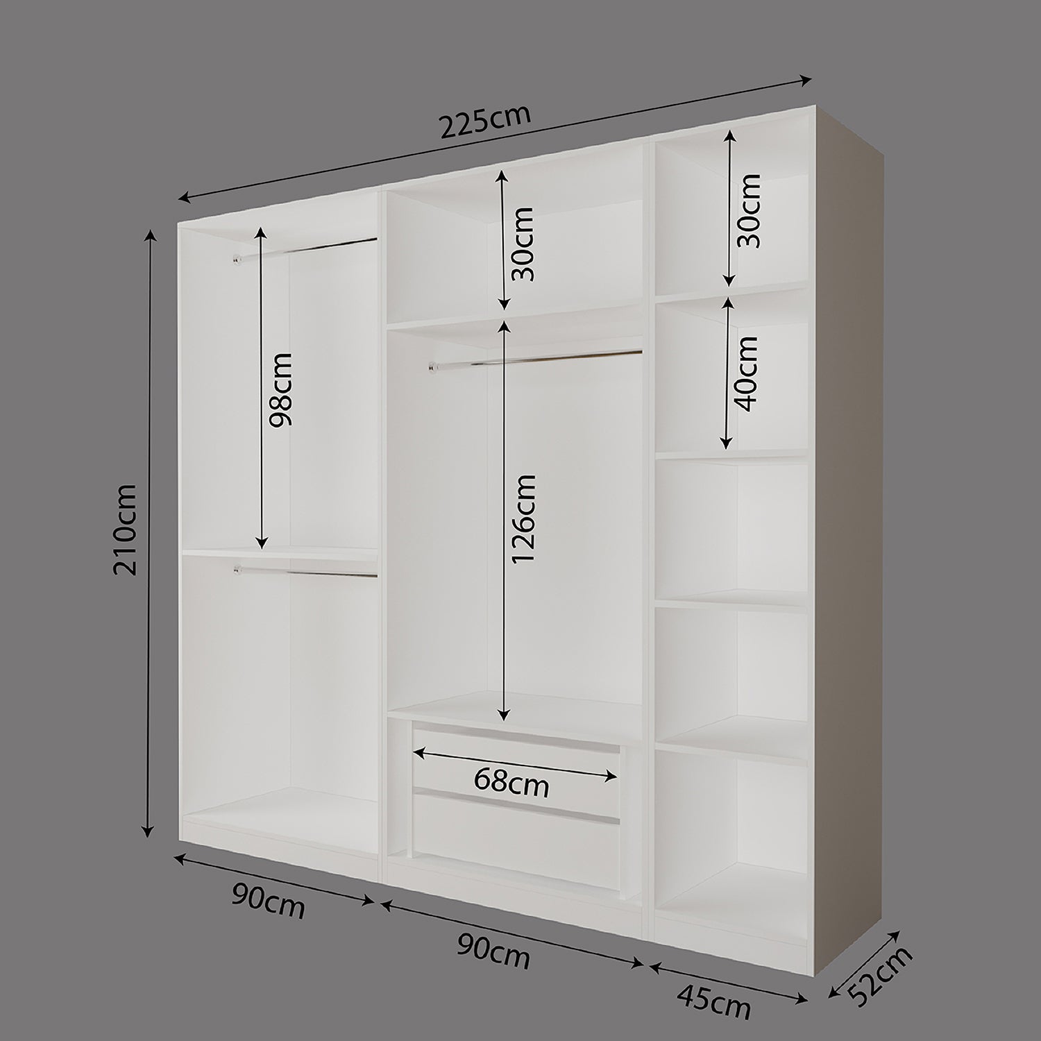 Bimossa KD60 Goss 225 cm Üçlü Dar Gardırop 5 Kapaklı, 5 Raflı, 3 Askılı ve 2 Çekmeceli Elbise Dolabı, Modern Beyaz Kapaklı Gardırop