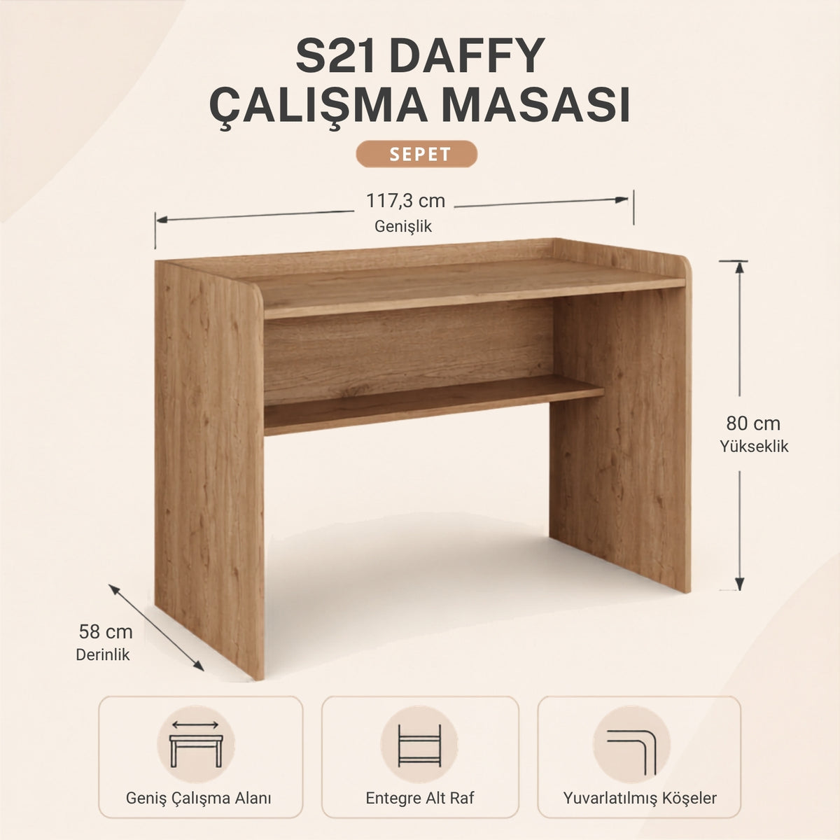 Bimossa S21 Daffy Çalışma Masası - 117,3 cm Geniş, Raflı ve Yuvarlatılmış Köşeli