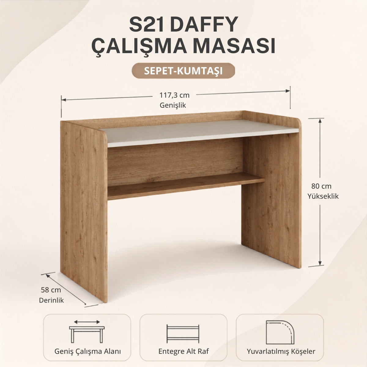 Bimossa S21 Daffy Çalışma Masası - 117,3 cm Geniş, Raflı ve Yuvarlatılmış Köşeli