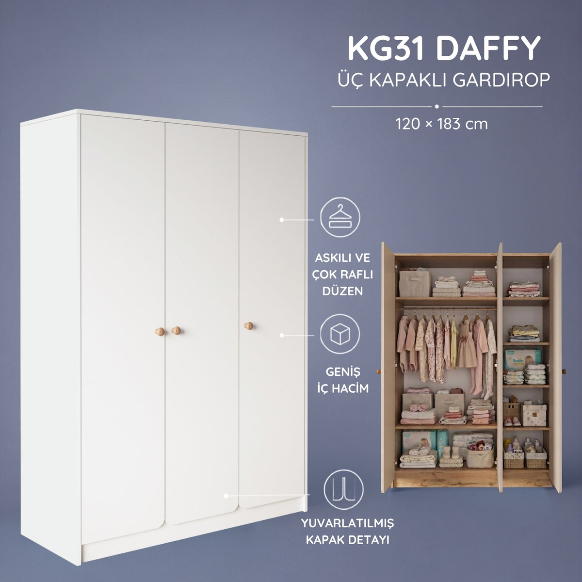 Bimossa KG31 Daffy Üç Kapaklı Gardırop - Askılı ve Çok Raflı Geniş Hacimli Bebek Odası Dolabı