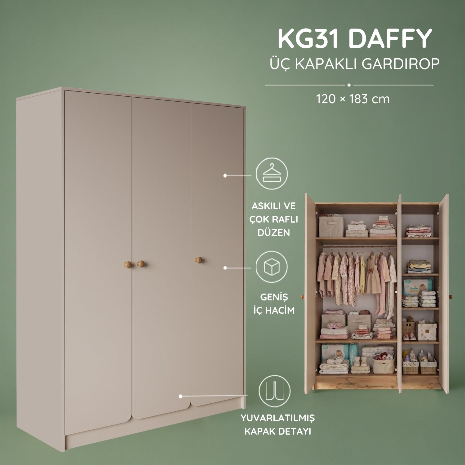 Bimossa KG31 Daffy Üç Kapaklı Gardırop - Askılı ve Çok Raflı Geniş Hacimli Bebek Odası Dolabı