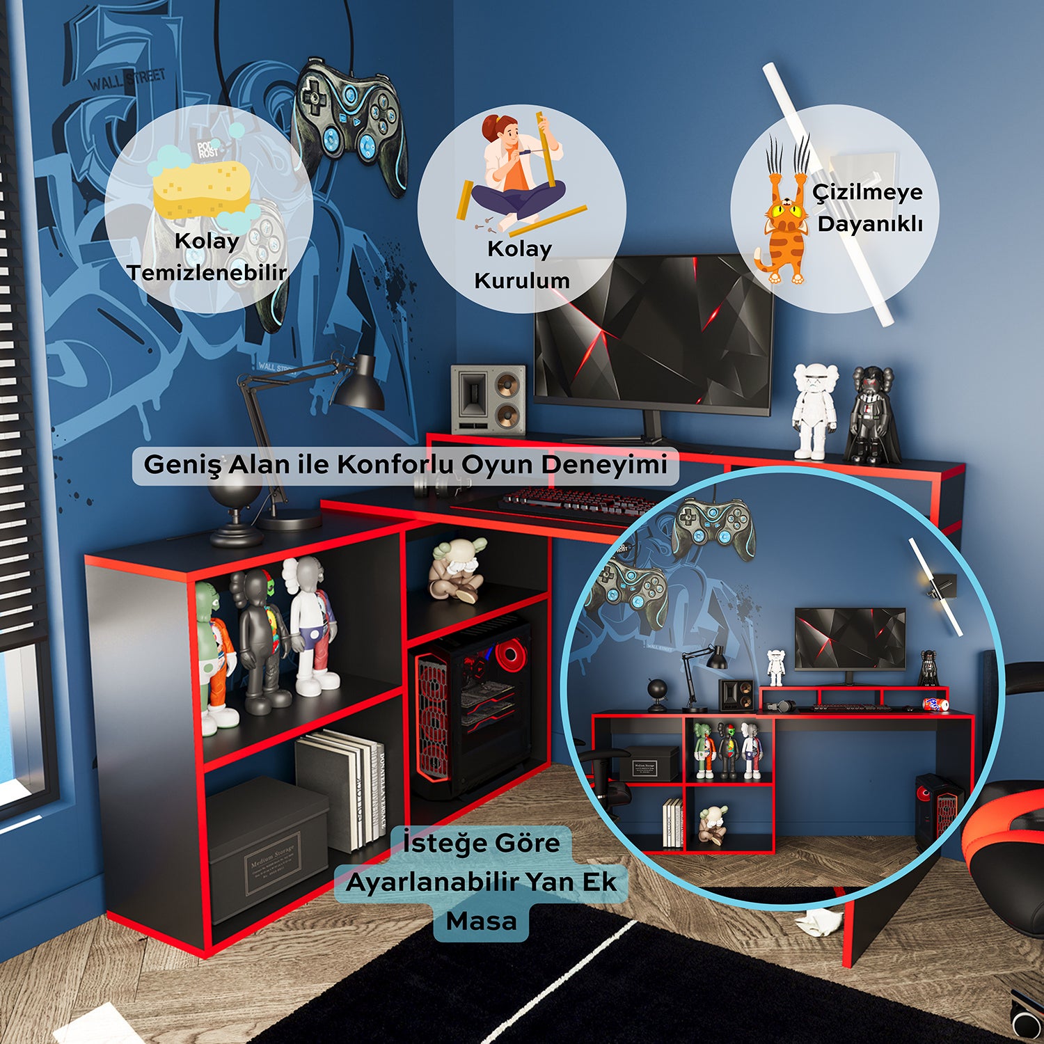 Bimossa S8180 Leo Oyuncu Masası Siyah Kırmızı 113 cm