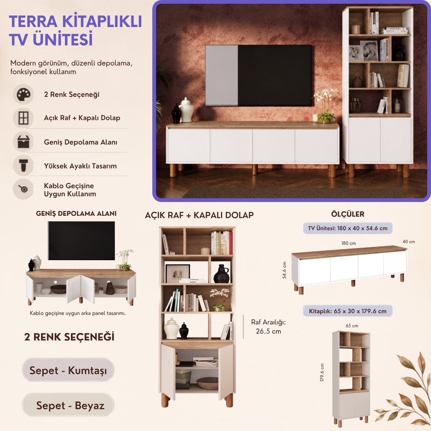 Bimossa G42 Terra Kitaplıklı TV Ünitesi Seti, 180 cm TV Sehpası ve Kapaklı Kitaplık Takımı