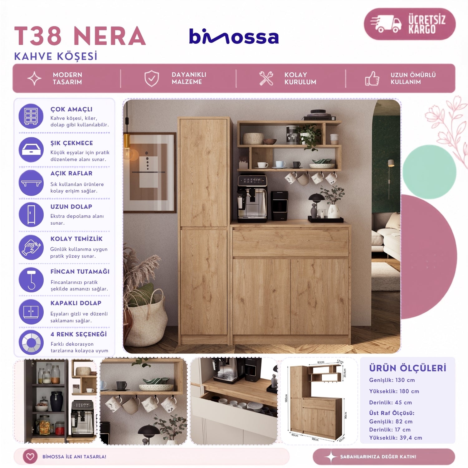 Bimossa T38 Nera Uzun Dolaplı Kahve Köşesi, Yeni Çok Amaçlı Dolap, Raflı Çekmeceli Mutfak Dolabı