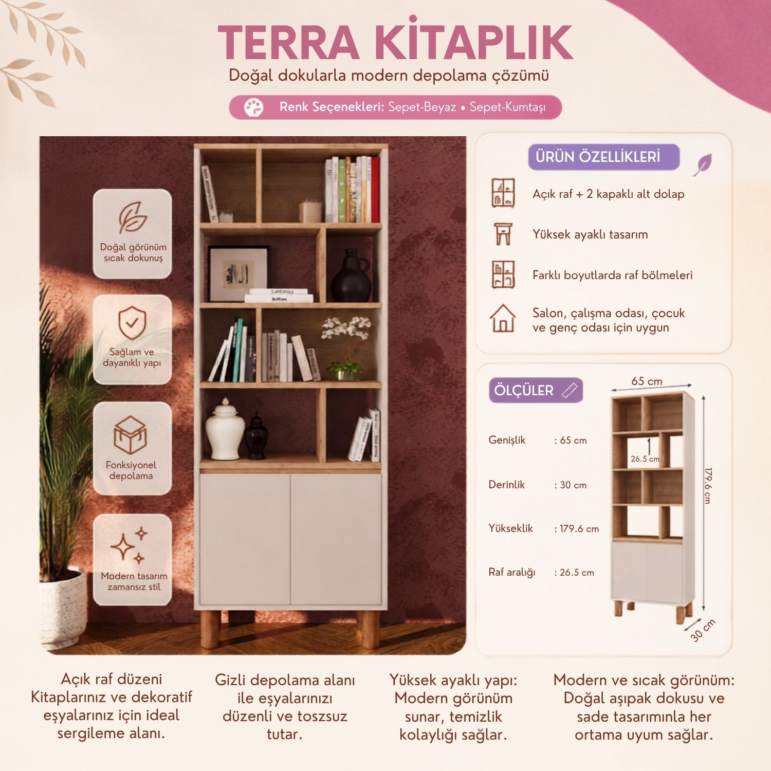 Bimossa W41 Terra 180 cm Yüksek Ayaklı, Kapaklı Kitaplık, Raflı Çok Amaçlı Dolap