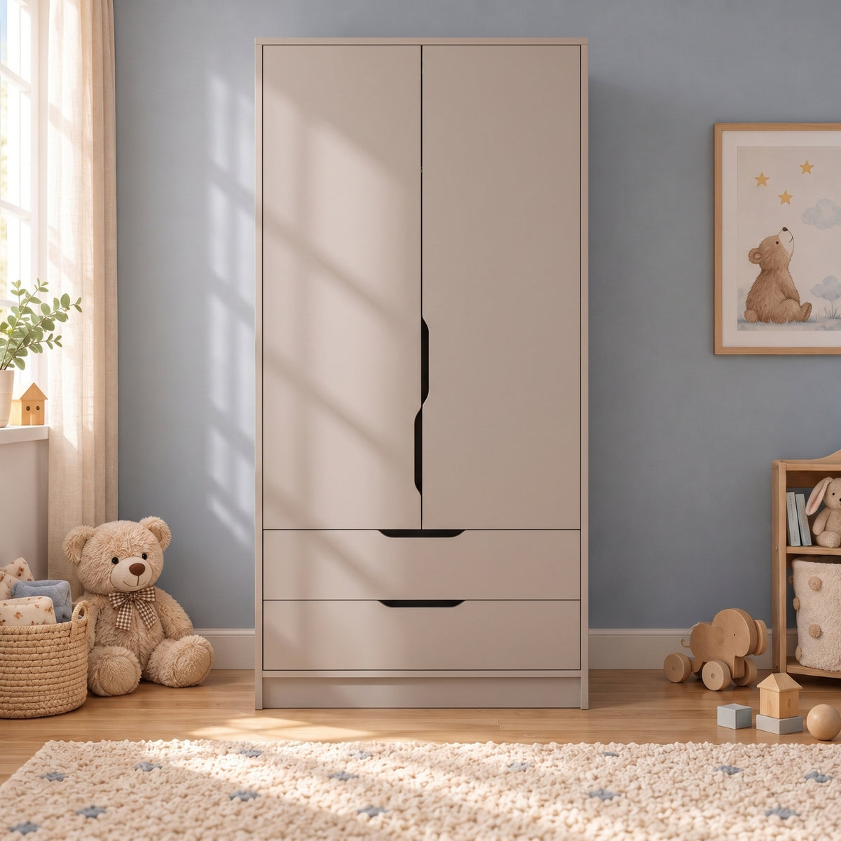Bimossa KG22 Winnie 2 Kapaklı Gardırop, 80 cm Askılı ve 2 Çekmeceli Bebek ve Çocuk Odası Gardırobu