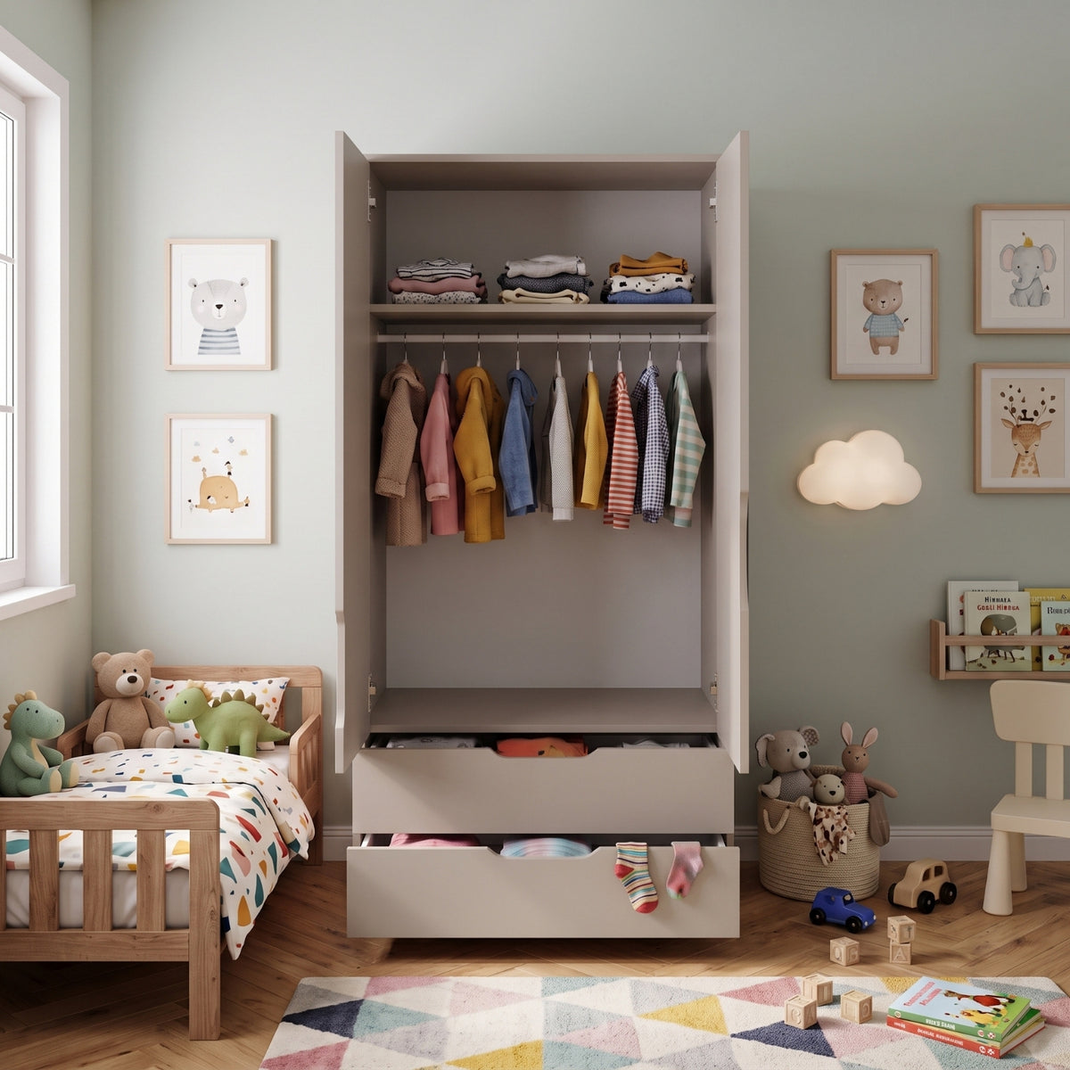 Bimossa KG22 Winnie 2 Kapaklı Gardırop, 80 cm Askılı ve 2 Çekmeceli Bebek ve Çocuk Odası Gardırobu