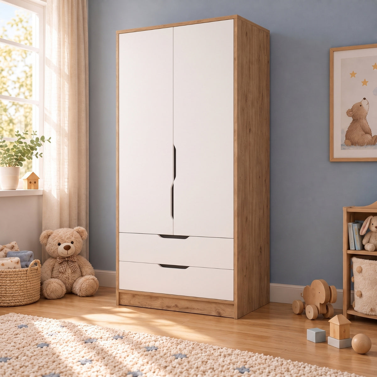 Bimossa KG22 Winnie 2 Kapaklı Gardırop, 80 cm Askılı ve 2 Çekmeceli Bebek ve Çocuk Odası Gardırobu