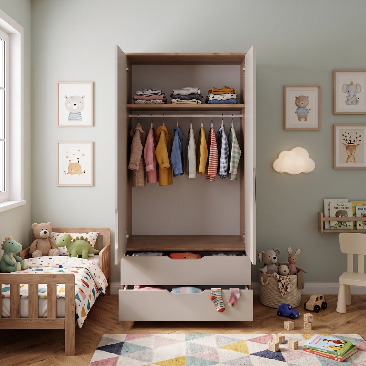 Bimossa KG22 Winnie 2 Kapaklı Gardırop, 80 cm Askılı ve 2 Çekmeceli Bebek ve Çocuk Odası Gardırobu