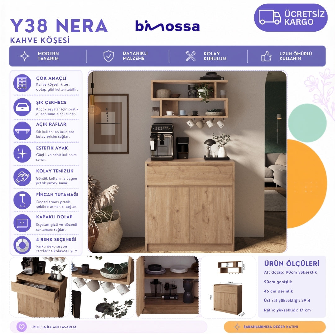 Bimossa Y38 Nera Kahve Köşesi Dolabı, Modern Geniş Depolama Alanı, Yeni Çok Amaçlı Dolap
