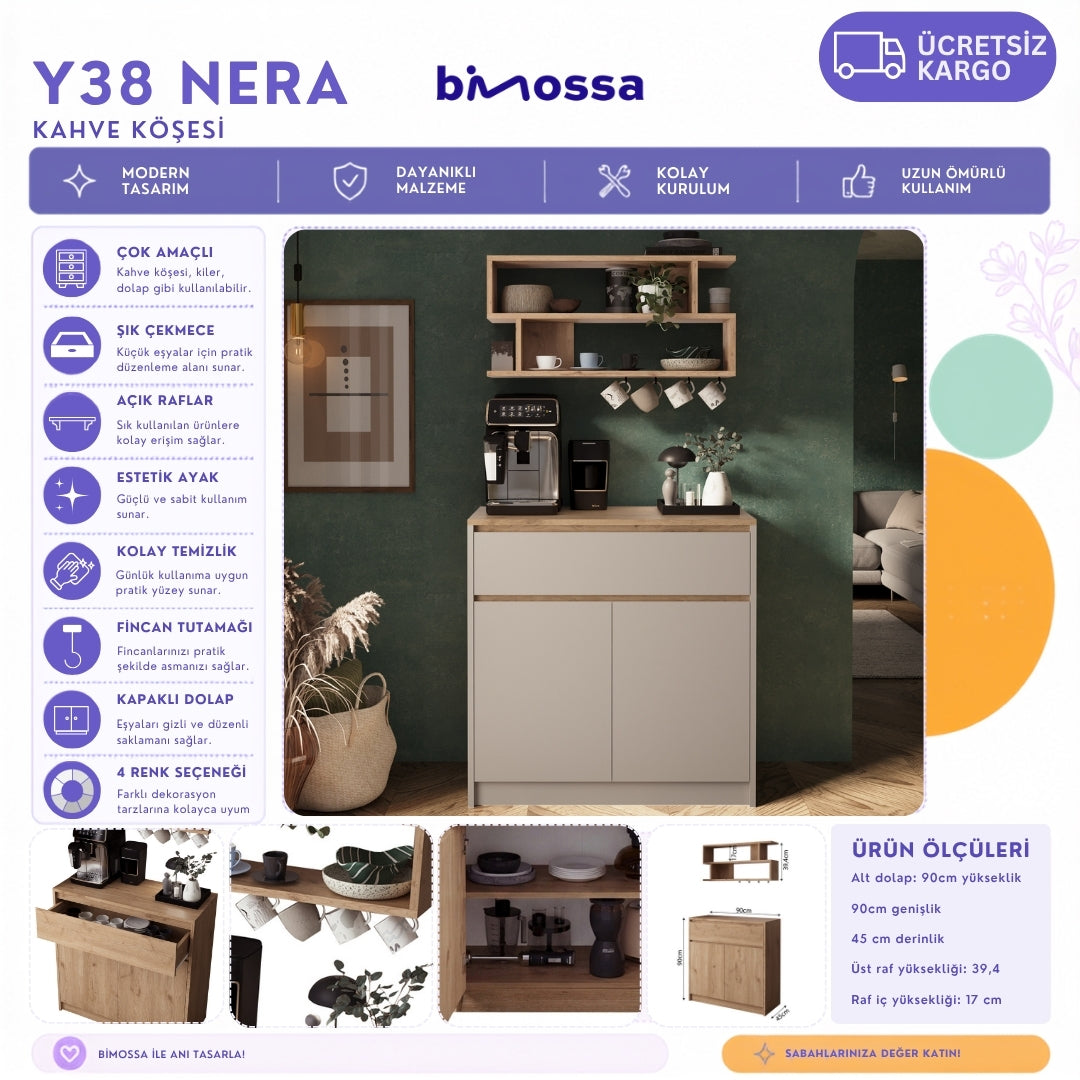 Bimossa Y38 Nera Kahve Köşesi Dolabı, Modern Geniş Depolama Alanı, Yeni Çok Amaçlı Dolap