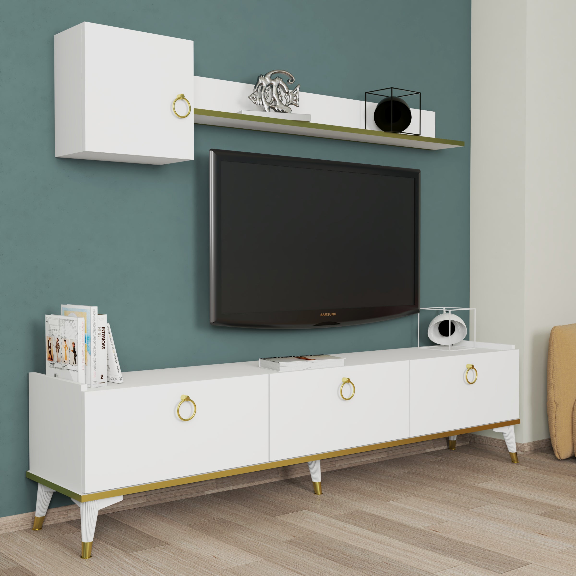 Bimossa E4510 Vesta TV Ünitesi 180 cm Beyaz-Gold Detaylı