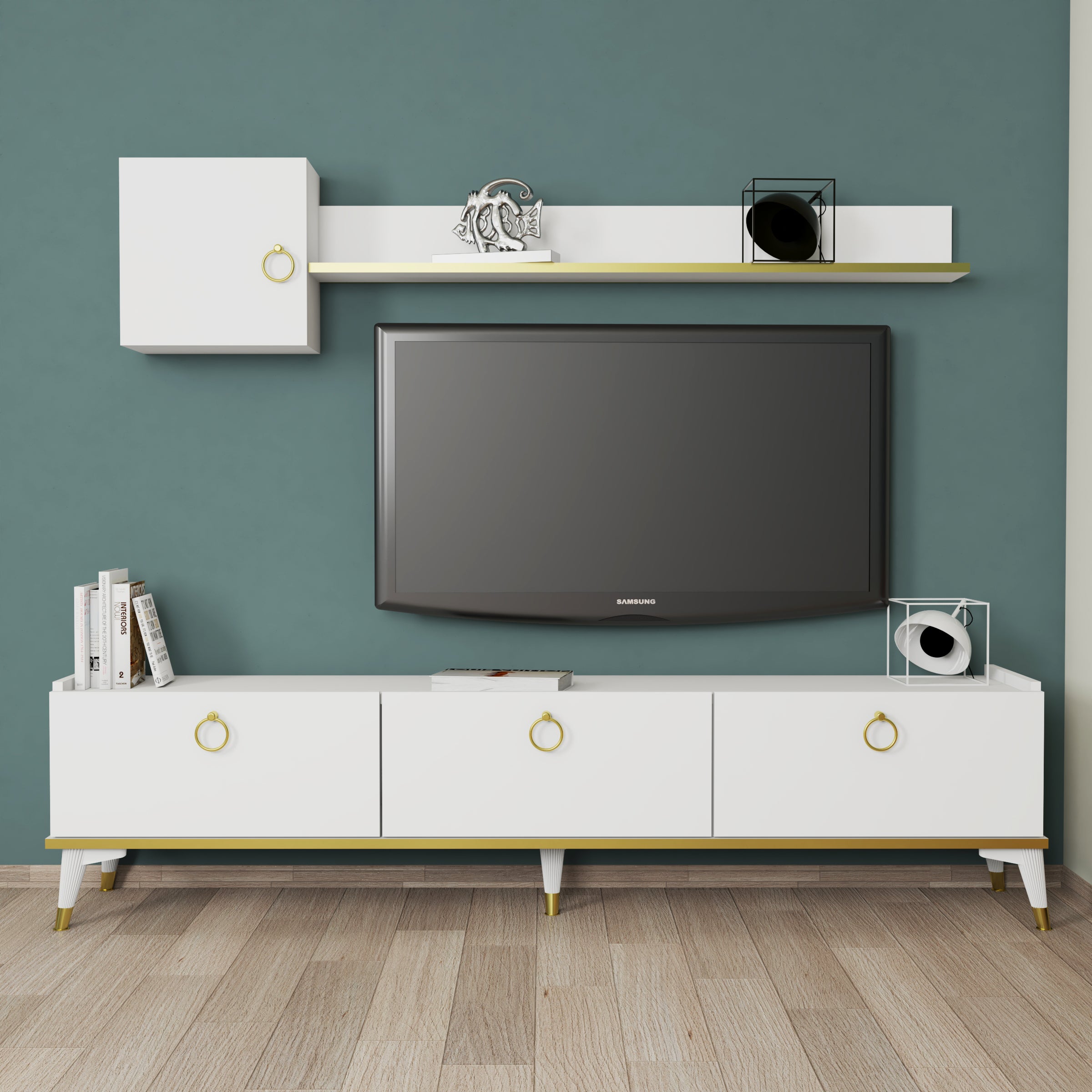 Bimossa E4510 Vesta TV Ünitesi 180 cm Beyaz-Gold Detaylı