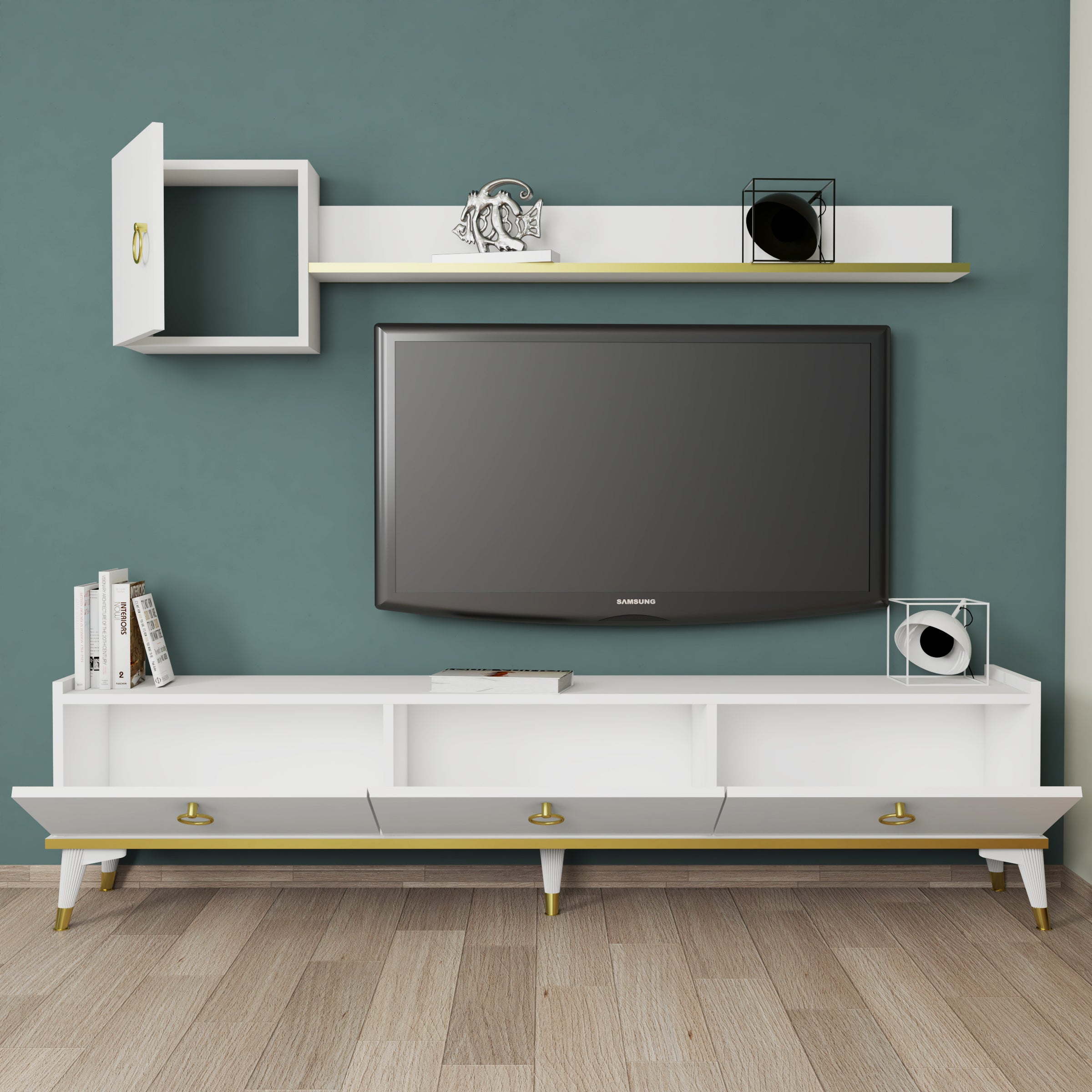 Bimossa E4510 Vesta TV Ünitesi 180 cm Beyaz-Gold Detaylı