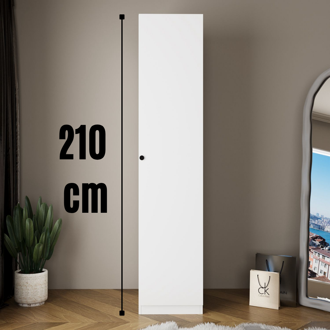 Bimossa KA20 Goss Tekli Tek Kapaklı Dar Raflı Gardırop, Siyah Kulplu, 5 Raflı, Sağ / Sol Kapak Seçenekli, Beyaz Dolap