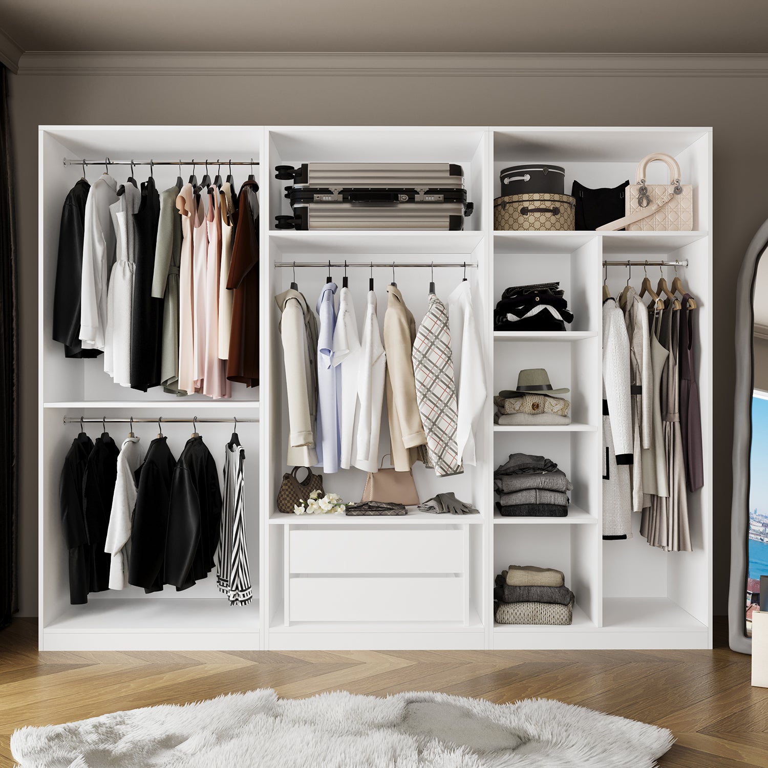 Bimossa KE30 Goss Üçlü Geniş 270 cm Açık Gardırop, 3 Bölmeli, Boy Askılı ve Çekmeceli Modüler Beyaz Elbise Dolabı