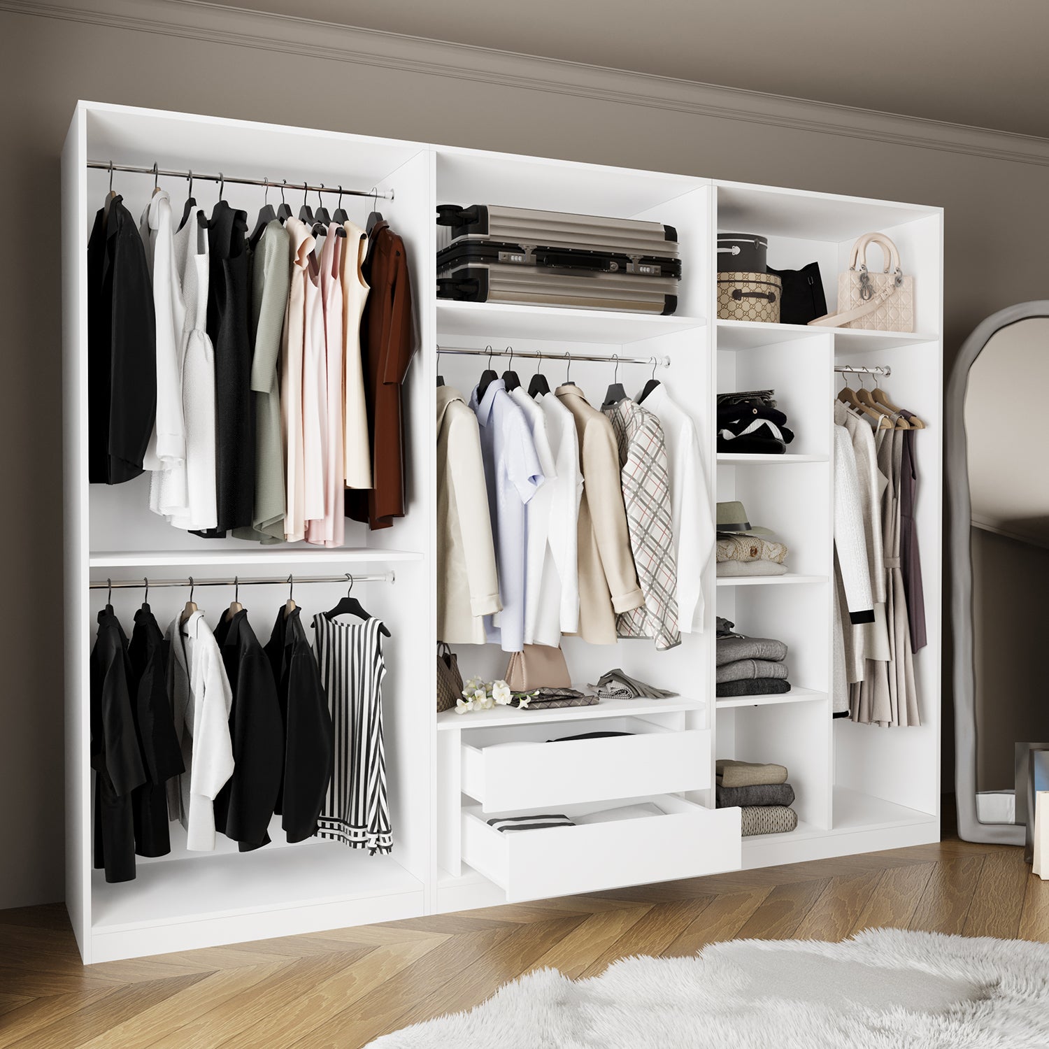 Bimossa KE30 Goss Üçlü Geniş 270 cm Açık Gardırop, 3 Bölmeli, Boy Askılı ve Çekmeceli Modüler Beyaz Elbise Dolabı