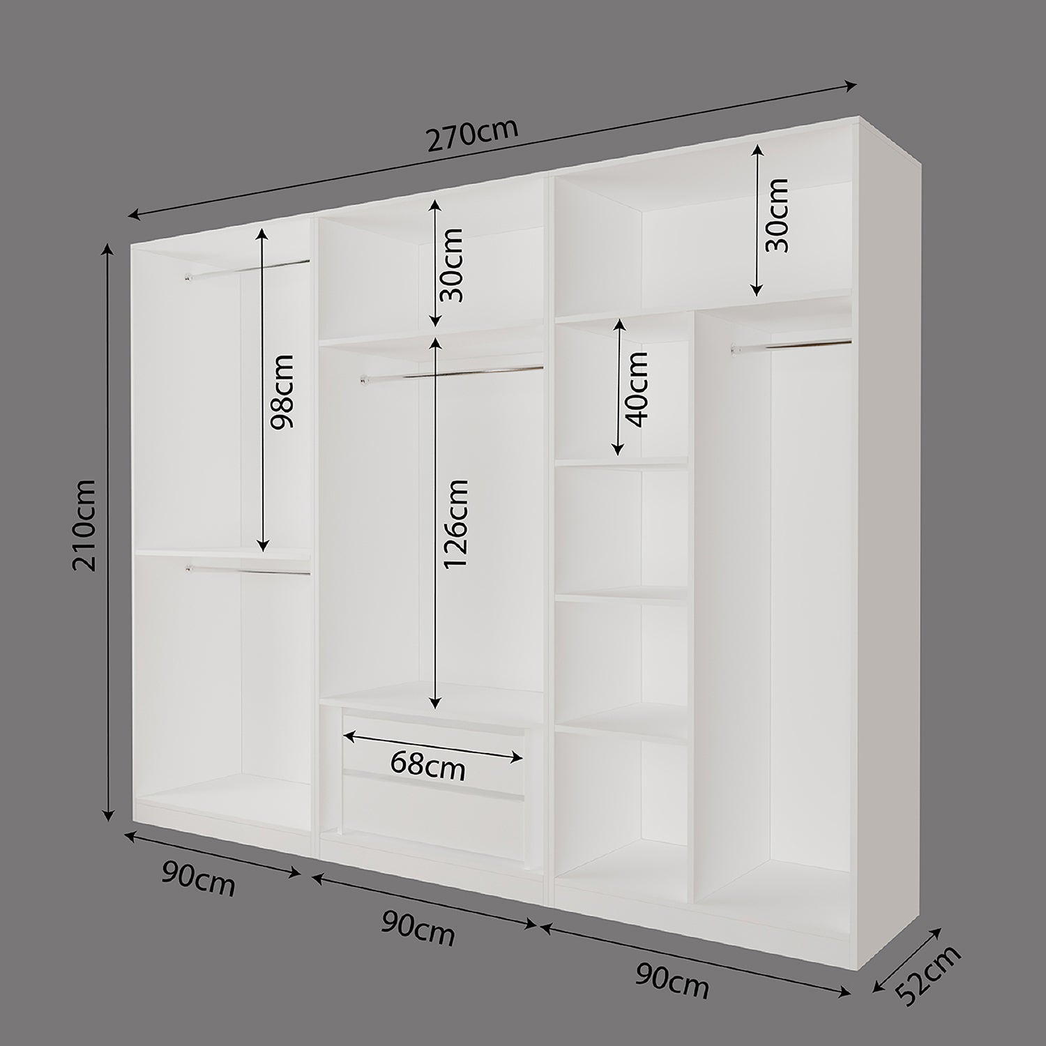 Bimossa KE40 Goss 270 cm Üçlü Geniş 2 Çekmeceli, 3 Askılı, Yüklüklü ve 4 Raflı Elbise Dolabı, Modern Beyaz 5 Kapaklı Gardırop
