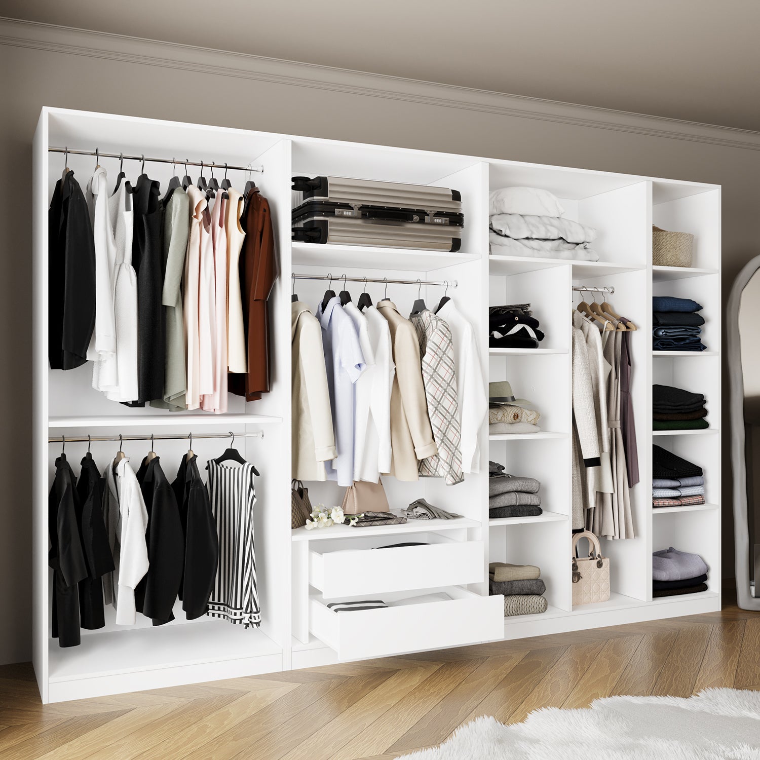 Bimossa KF10 Goss Dörtlü 315 cm Modüler Açık Gardırop, 3 Askılı + 1 Boy Askılı, 9 Raflı, 2 Çekmeceli Geniş Beyaz Dolap