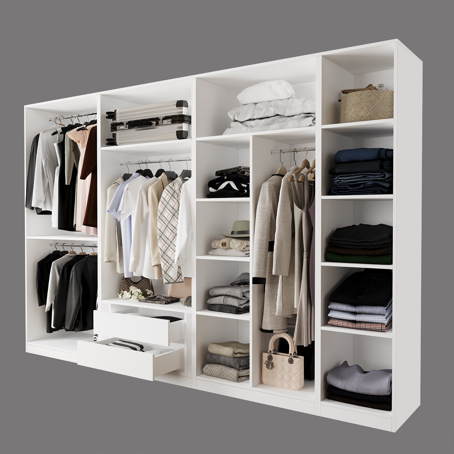 Bimossa KF10 Goss Dörtlü 315 cm Modüler Açık Gardırop, 3 Askılı + 1 Boy Askılı, 9 Raflı, 2 Çekmeceli Geniş Beyaz Dolap