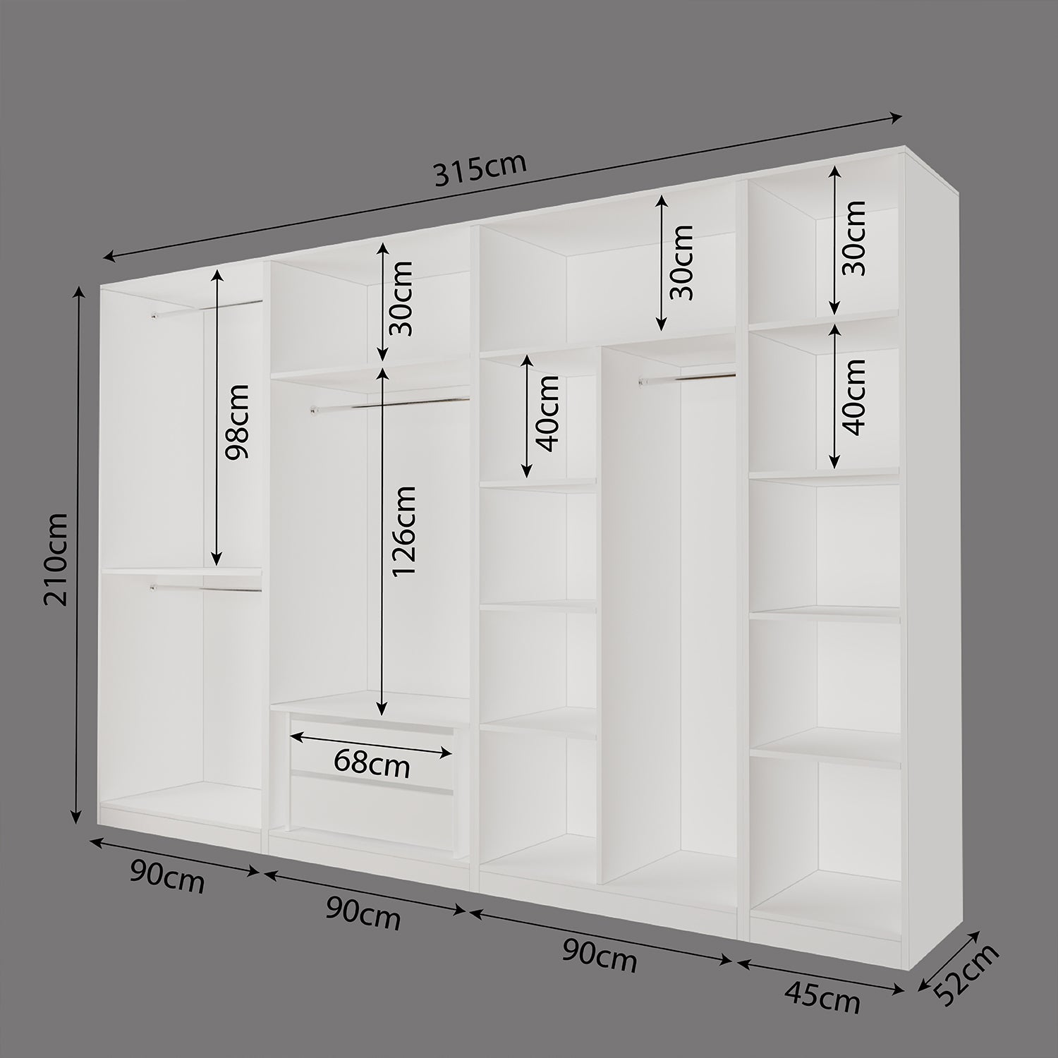 Bimossa KF10 Goss Dörtlü 315 cm Modüler Açık Gardırop, 3 Askılı + 1 Boy Askılı, 9 Raflı, 2 Çekmeceli Geniş Beyaz Dolap
