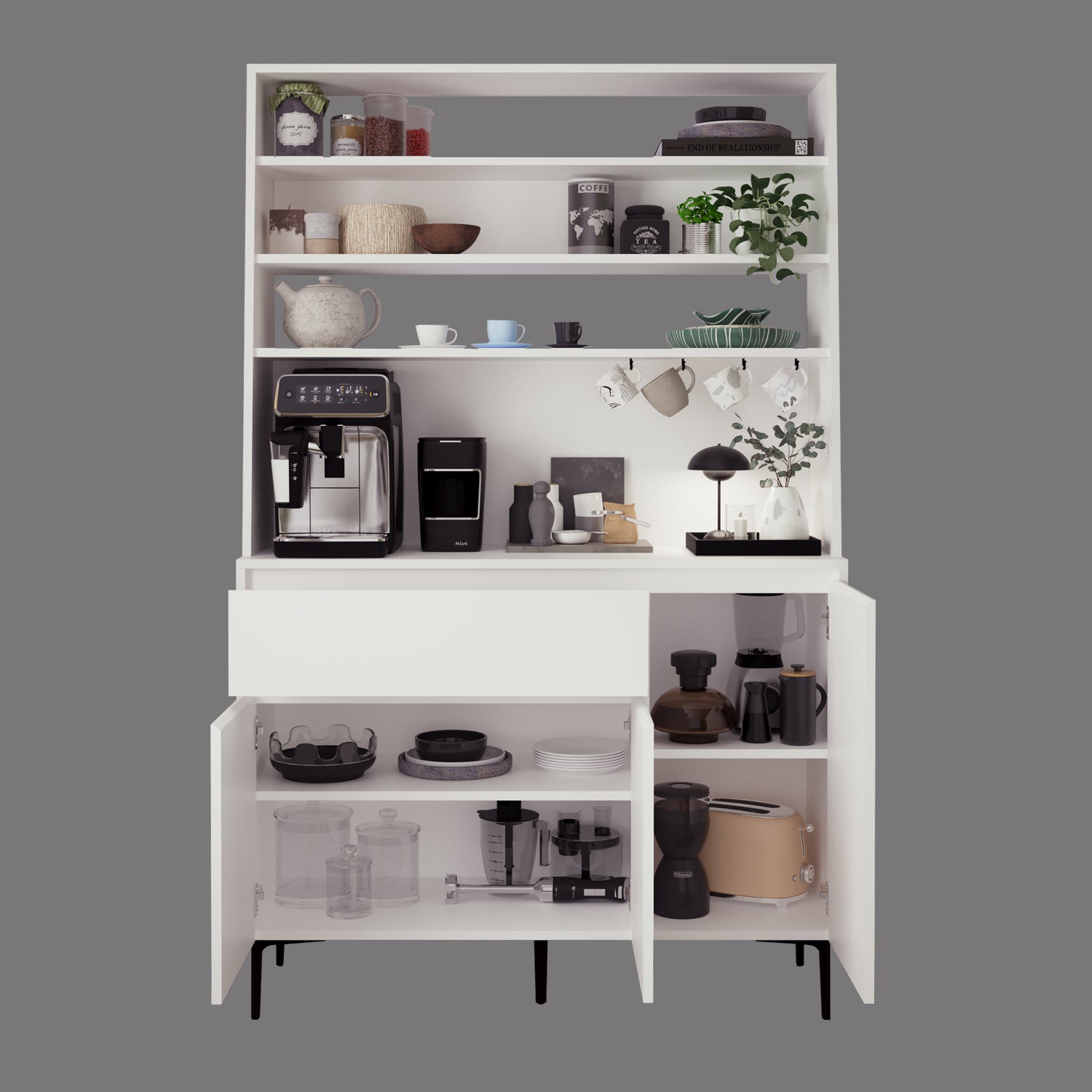 Bimossa Y61 Alba Ayaklı Çok Amaçlı Kahve Köşesi Dolabı, 120x187.5 cm, Kapaklı Raflı Mutfak Dolabı, Kahve İstasyonu, Kiler ve Organizer Dolabı, Mikrodalga & Airfryer Standı