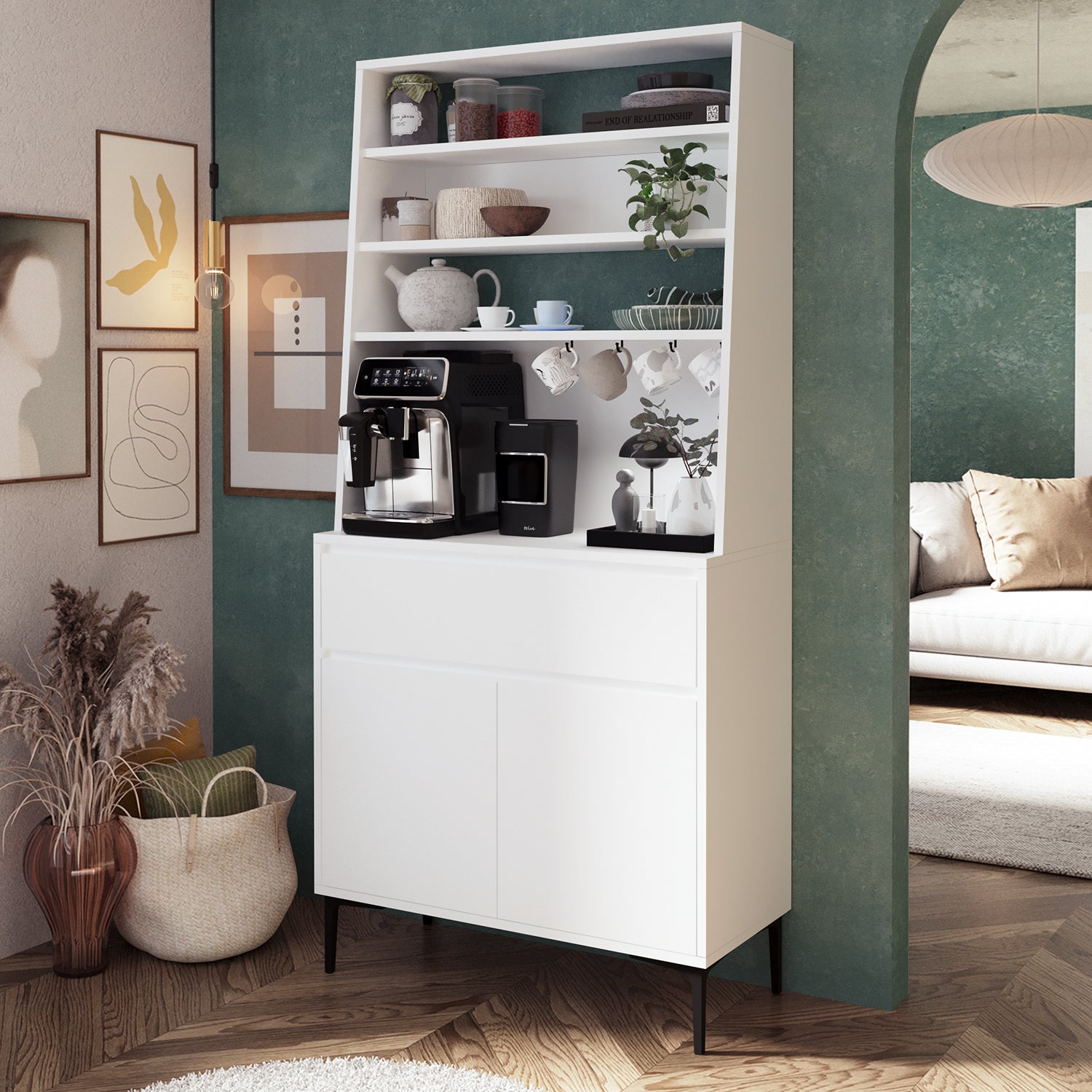 Bimossa Y60 Alba 90x187,5 cm Çok Amaçlı Yüksek Ayaklı Kahve Köşesi Dolabı, Kapaklı Raflı Mutfak Dolabı, Kahve İstasyonu, Kiler Dolabı, Organizer Dolap, Mikrodalga  & Airfryer Standı