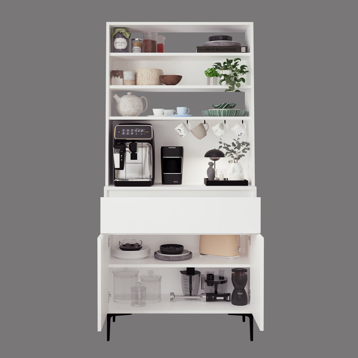 Bimossa Y60 Alba 90x187,5 cm Çok Amaçlı Yüksek Ayaklı Kahve Köşesi Dolabı, Kapaklı Raflı Mutfak Dolabı, Kahve İstasyonu, Kiler Dolabı, Organizer Dolap, Mikrodalga  & Airfryer Standı
