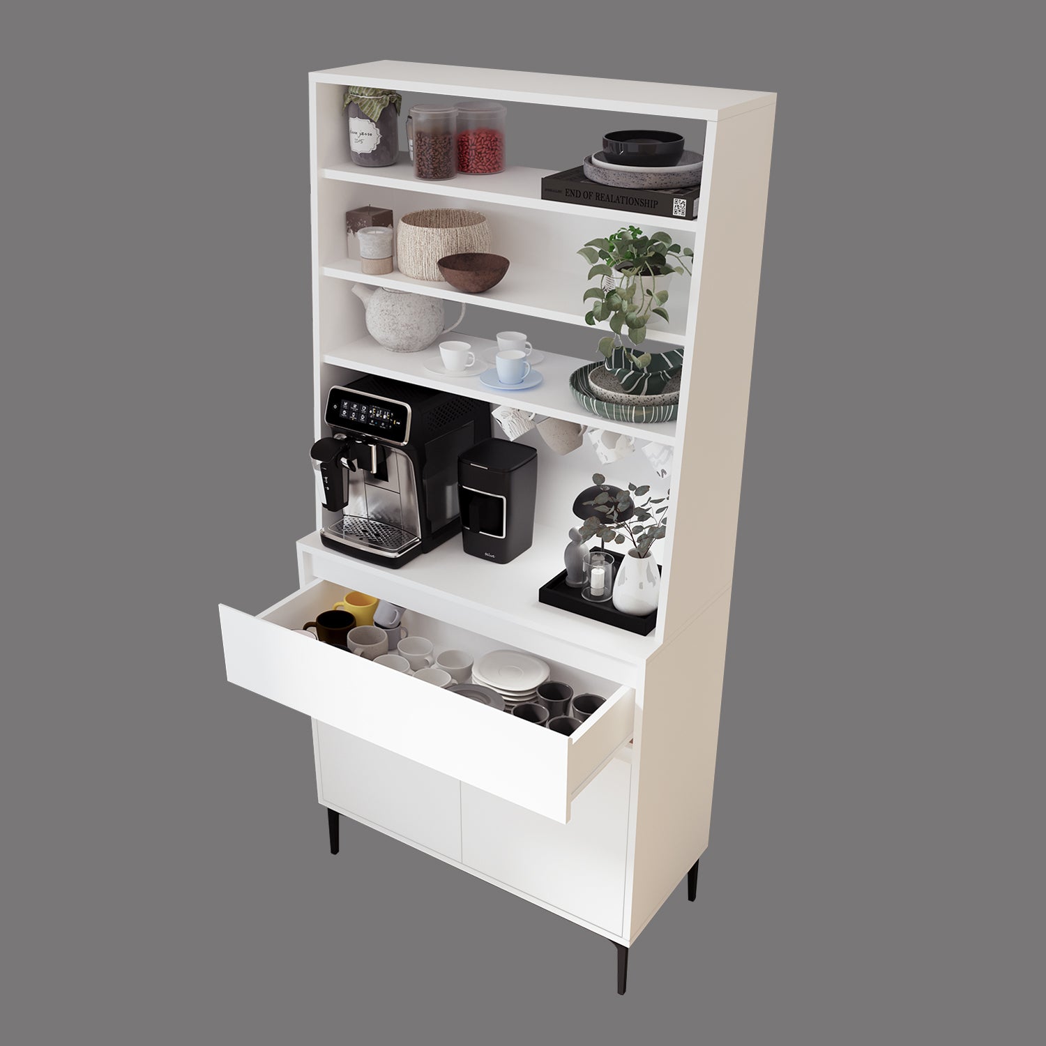 Bimossa Y60 Alba 90x187,5 cm Çok Amaçlı Yüksek Ayaklı Kahve Köşesi Dolabı, Kapaklı Raflı Mutfak Dolabı, Kahve İstasyonu, Kiler Dolabı, Organizer Dolap, Mikrodalga  & Airfryer Standı