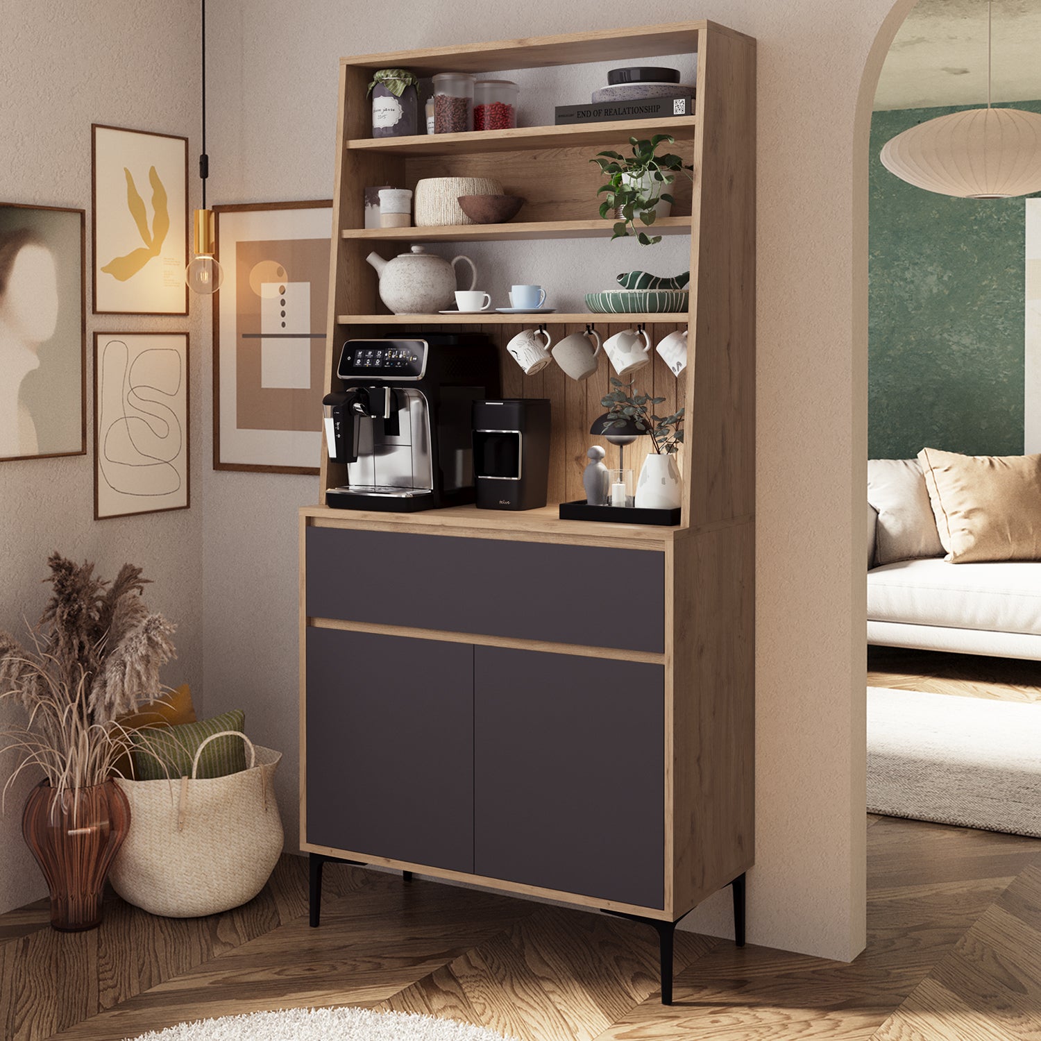 Bimossa Y60 Alba 90x187,5 cm Çok Amaçlı Yüksek Ayaklı Kahve Köşesi Dolabı, Kapaklı Raflı Mutfak Dolabı, Kahve İstasyonu, Kiler Dolabı, Organizer Dolap, Mikrodalga  & Airfryer Standı