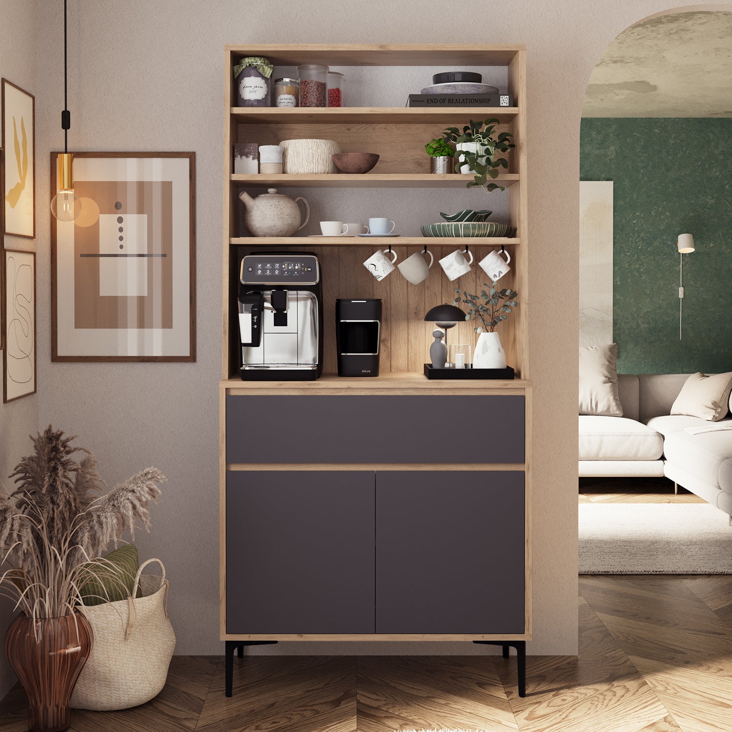 Bimossa Y60 Alba 90x187,5 cm Çok Amaçlı Yüksek Ayaklı Kahve Köşesi Dolabı, Kapaklı Raflı Mutfak Dolabı, Kahve İstasyonu, Kiler Dolabı, Organizer Dolap, Mikrodalga  & Airfryer Standı