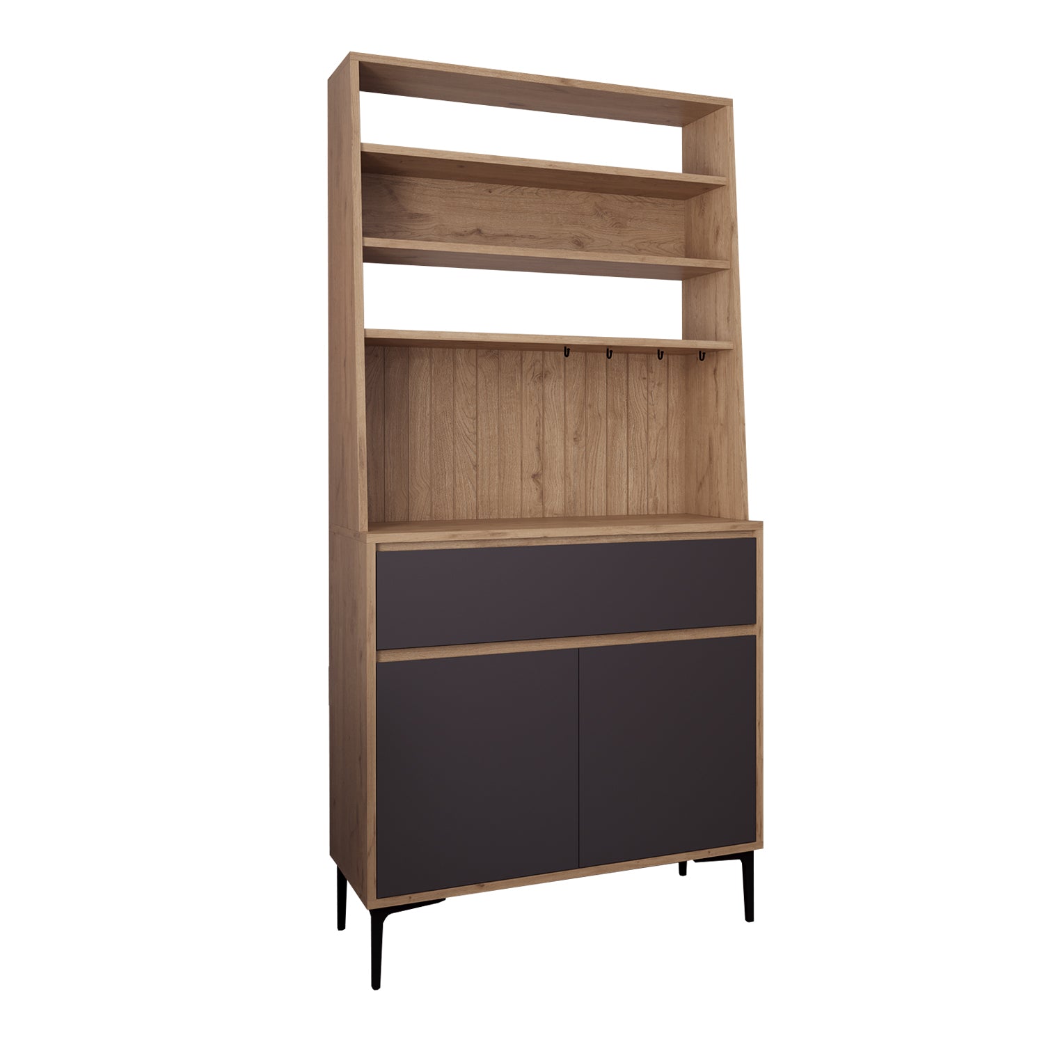 Bimossa Y60 Alba 90x187,5 cm Çok Amaçlı Yüksek Ayaklı Kahve Köşesi Dolabı, Kapaklı Raflı Mutfak Dolabı, Kahve İstasyonu, Kiler Dolabı, Organizer Dolap, Mikrodalga  & Airfryer Standı