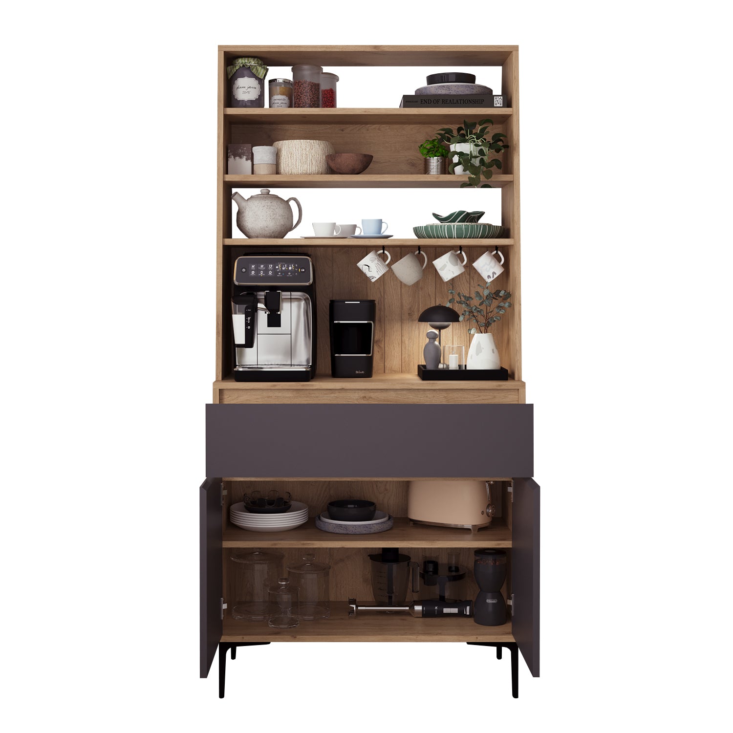 Bimossa Y60 Alba 90x187,5 cm Çok Amaçlı Yüksek Ayaklı Kahve Köşesi Dolabı, Kapaklı Raflı Mutfak Dolabı, Kahve İstasyonu, Kiler Dolabı, Organizer Dolap, Mikrodalga  & Airfryer Standı