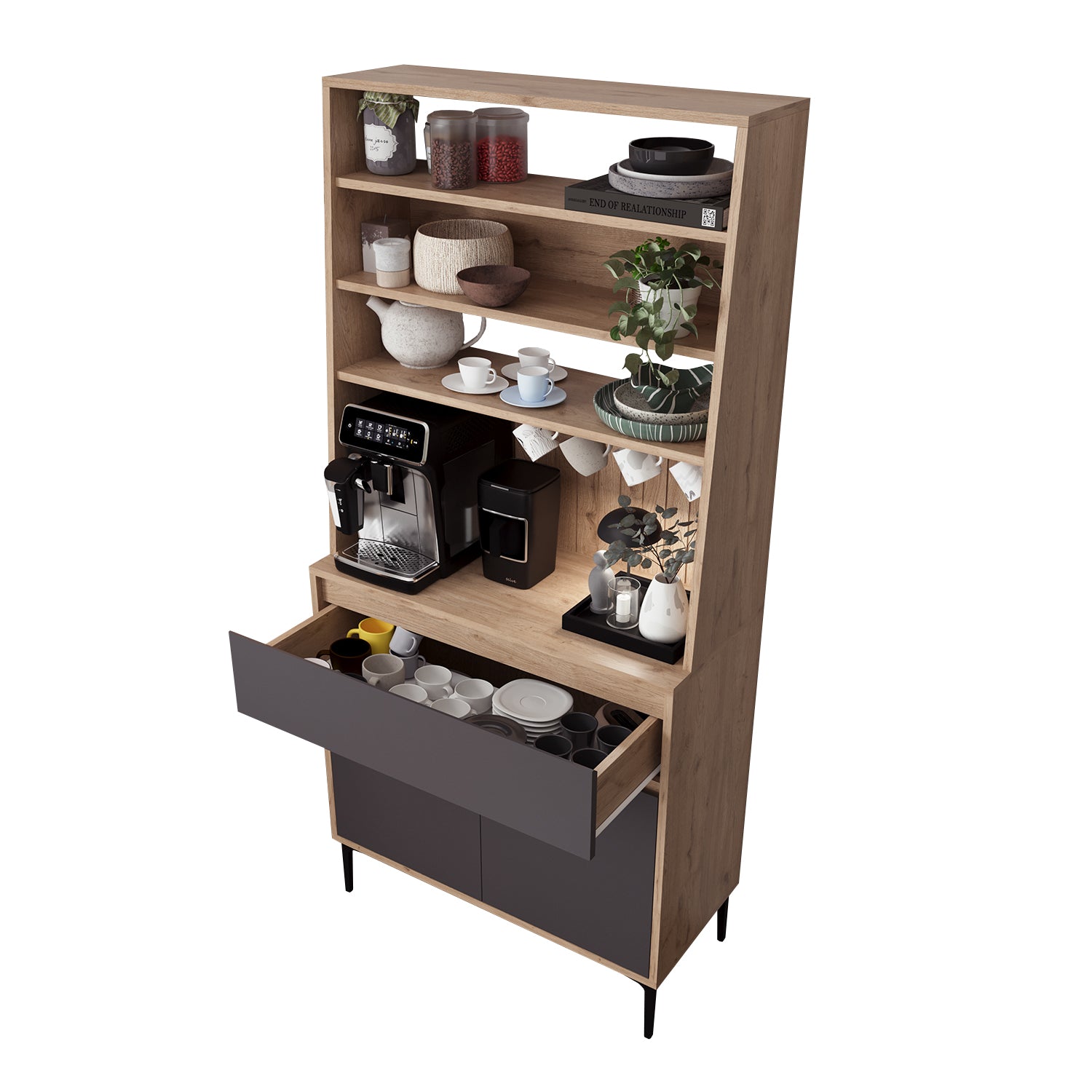Bimossa Y60 Alba 90x187,5 cm Çok Amaçlı Yüksek Ayaklı Kahve Köşesi Dolabı, Kapaklı Raflı Mutfak Dolabı, Kahve İstasyonu, Kiler Dolabı, Organizer Dolap, Mikrodalga  & Airfryer Standı
