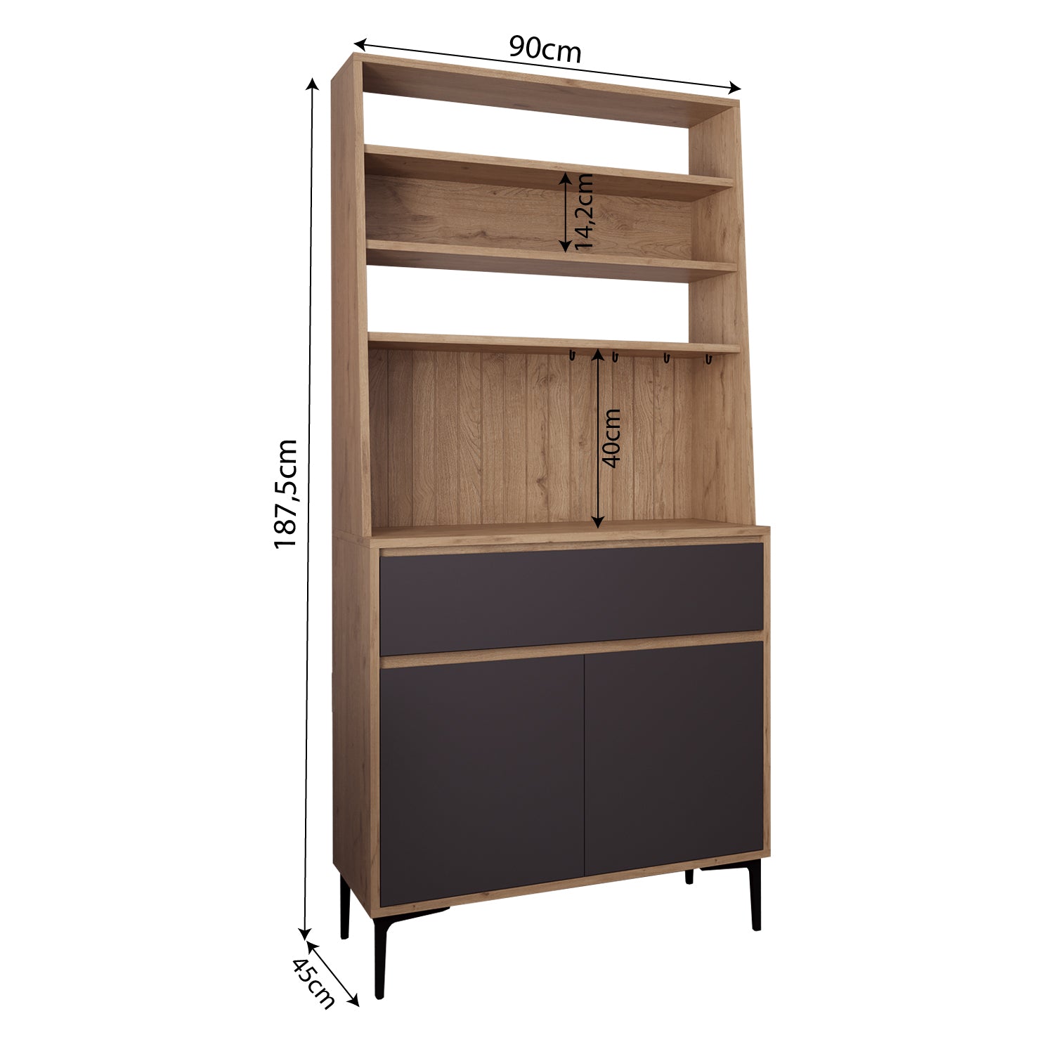 Bimossa Y60 Alba 90x187,5 cm Çok Amaçlı Yüksek Ayaklı Kahve Köşesi Dolabı, Kapaklı Raflı Mutfak Dolabı, Kahve İstasyonu, Kiler Dolabı, Organizer Dolap, Mikrodalga  & Airfryer Standı