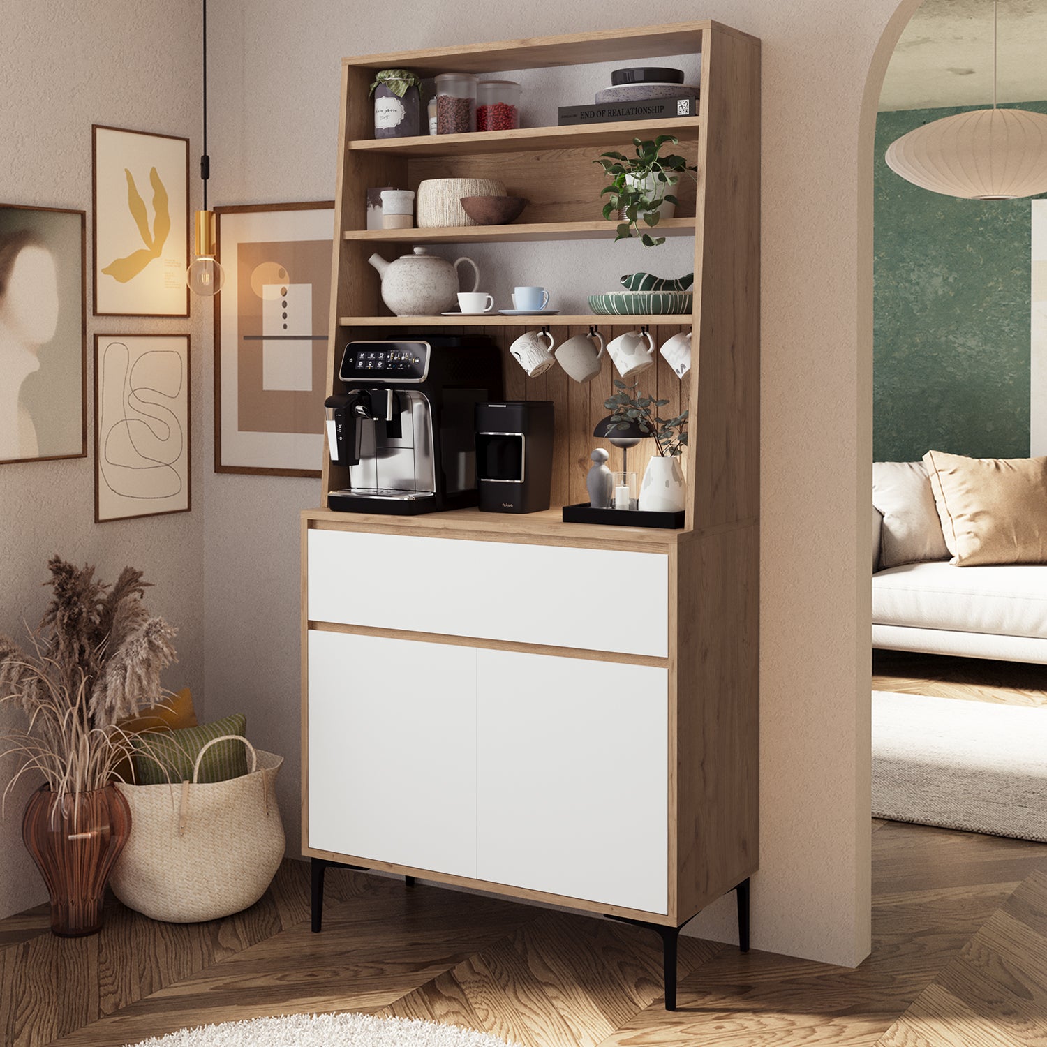 Bimossa Y60 Alba 90x187,5 cm Çok Amaçlı Yüksek Ayaklı Kahve Köşesi Dolabı, Kapaklı Raflı Mutfak Dolabı, Kahve İstasyonu, Kiler Dolabı, Organizer Dolap, Mikrodalga  & Airfryer Standı