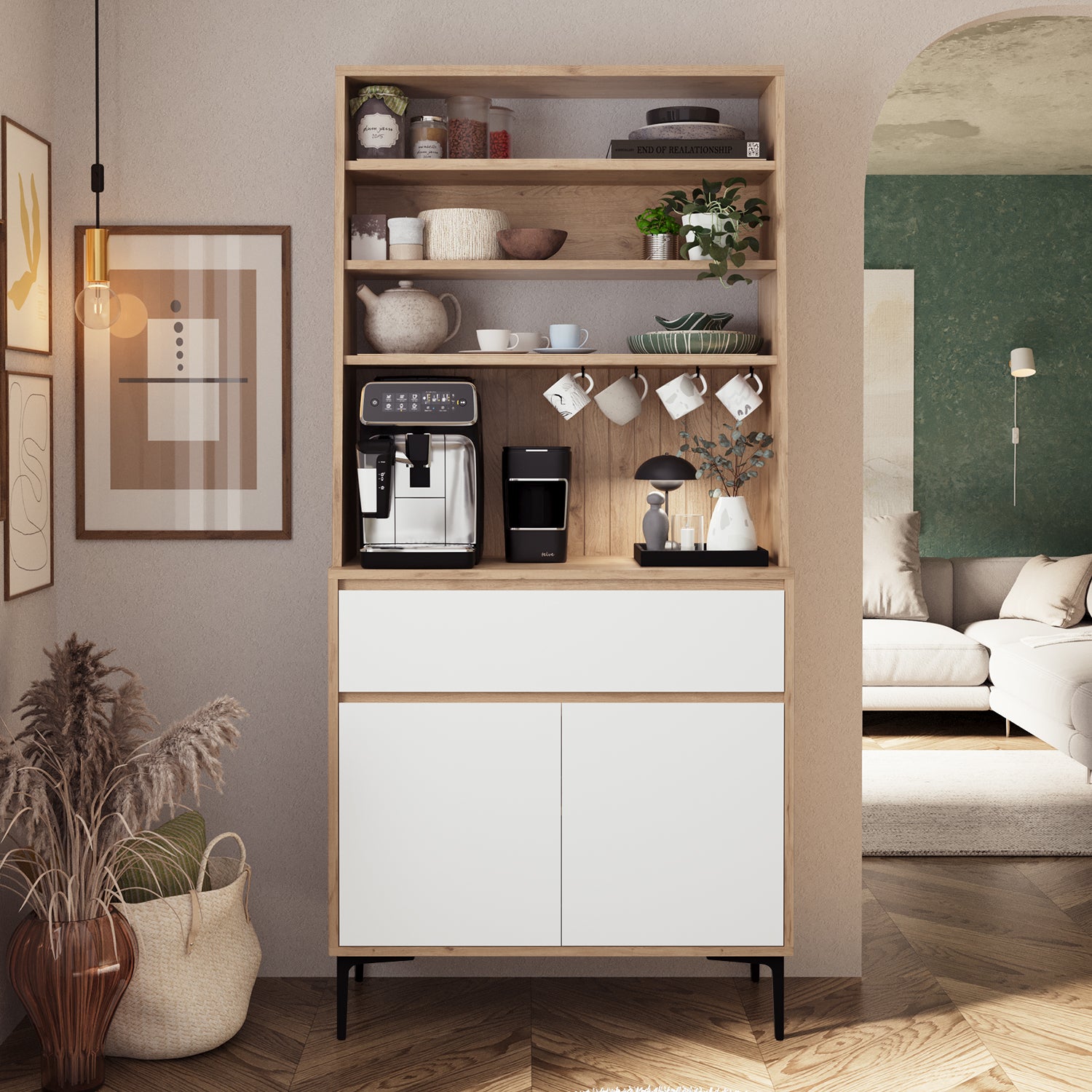 Bimossa Y60 Alba 90x187,5 cm Çok Amaçlı Yüksek Ayaklı Kahve Köşesi Dolabı, Kapaklı Raflı Mutfak Dolabı, Kahve İstasyonu, Kiler Dolabı, Organizer Dolap, Mikrodalga  & Airfryer Standı