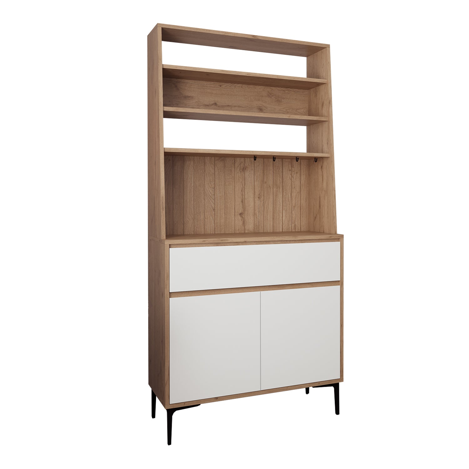 Bimossa Y60 Alba 90x187,5 cm Çok Amaçlı Yüksek Ayaklı Kahve Köşesi Dolabı, Kapaklı Raflı Mutfak Dolabı, Kahve İstasyonu, Kiler Dolabı, Organizer Dolap, Mikrodalga  & Airfryer Standı