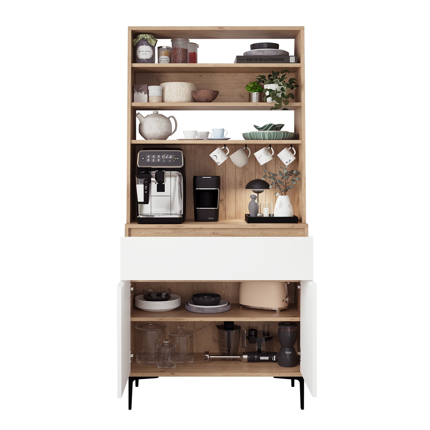 Bimossa Y60 Alba 90x187,5 cm Çok Amaçlı Yüksek Ayaklı Kahve Köşesi Dolabı, Kapaklı Raflı Mutfak Dolabı, Kahve İstasyonu, Kiler Dolabı, Organizer Dolap, Mikrodalga  & Airfryer Standı