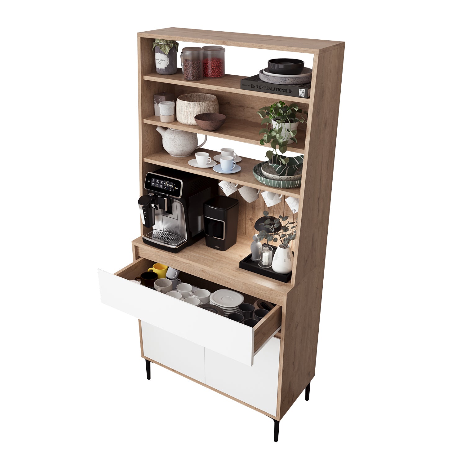 Bimossa Y60 Alba 90x187,5 cm Çok Amaçlı Yüksek Ayaklı Kahve Köşesi Dolabı, Kapaklı Raflı Mutfak Dolabı, Kahve İstasyonu, Kiler Dolabı, Organizer Dolap, Mikrodalga  & Airfryer Standı