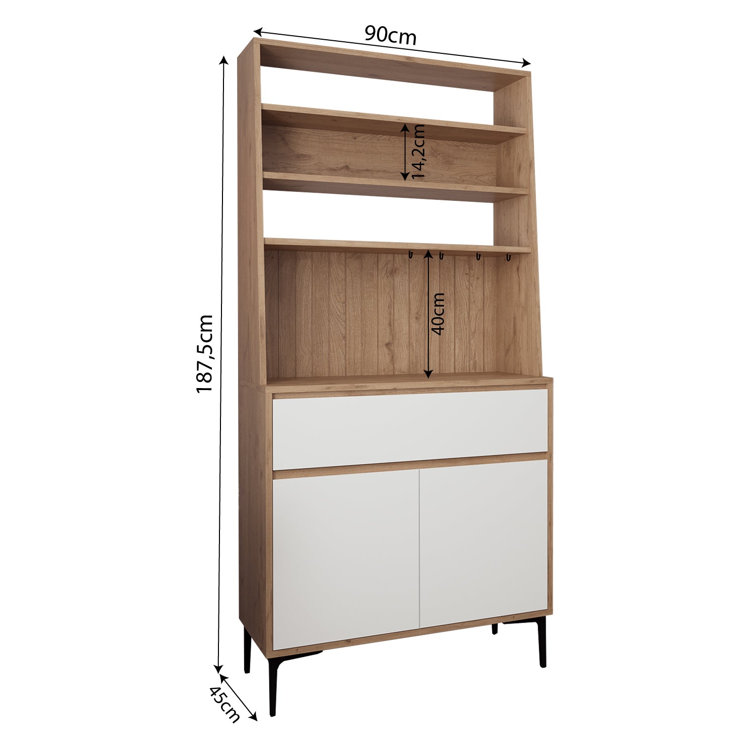 Bimossa Y60 Alba 90x187,5 cm Çok Amaçlı Yüksek Ayaklı Kahve Köşesi Dolabı, Kapaklı Raflı Mutfak Dolabı, Kahve İstasyonu, Kiler Dolabı, Organizer Dolap, Mikrodalga  & Airfryer Standı