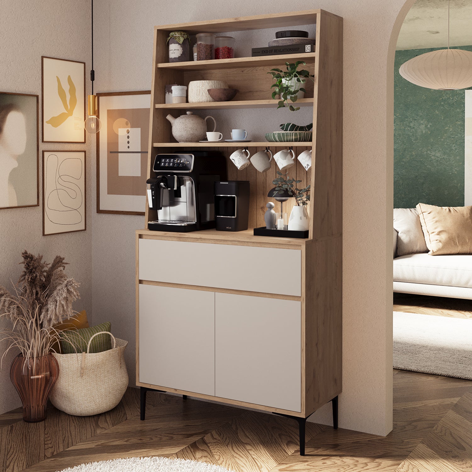 Bimossa Y60 Alba 90x187,5 cm Çok Amaçlı Yüksek Ayaklı Kahve Köşesi Dolabı, Kapaklı Raflı Mutfak Dolabı, Kahve İstasyonu, Kiler Dolabı, Organizer Dolap, Mikrodalga  & Airfryer Standı